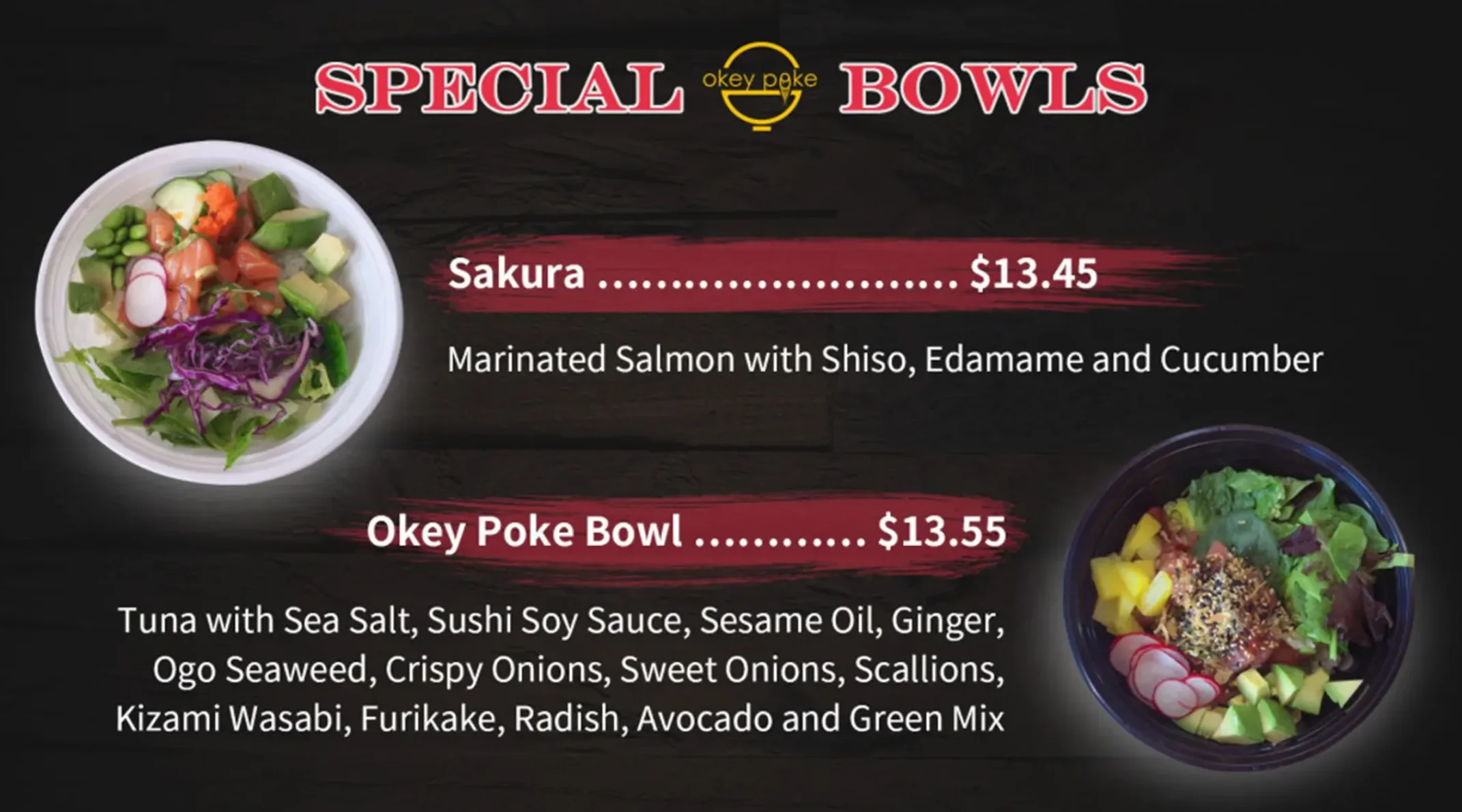 Menu featuring special poke bowls with prices and ingredients.
