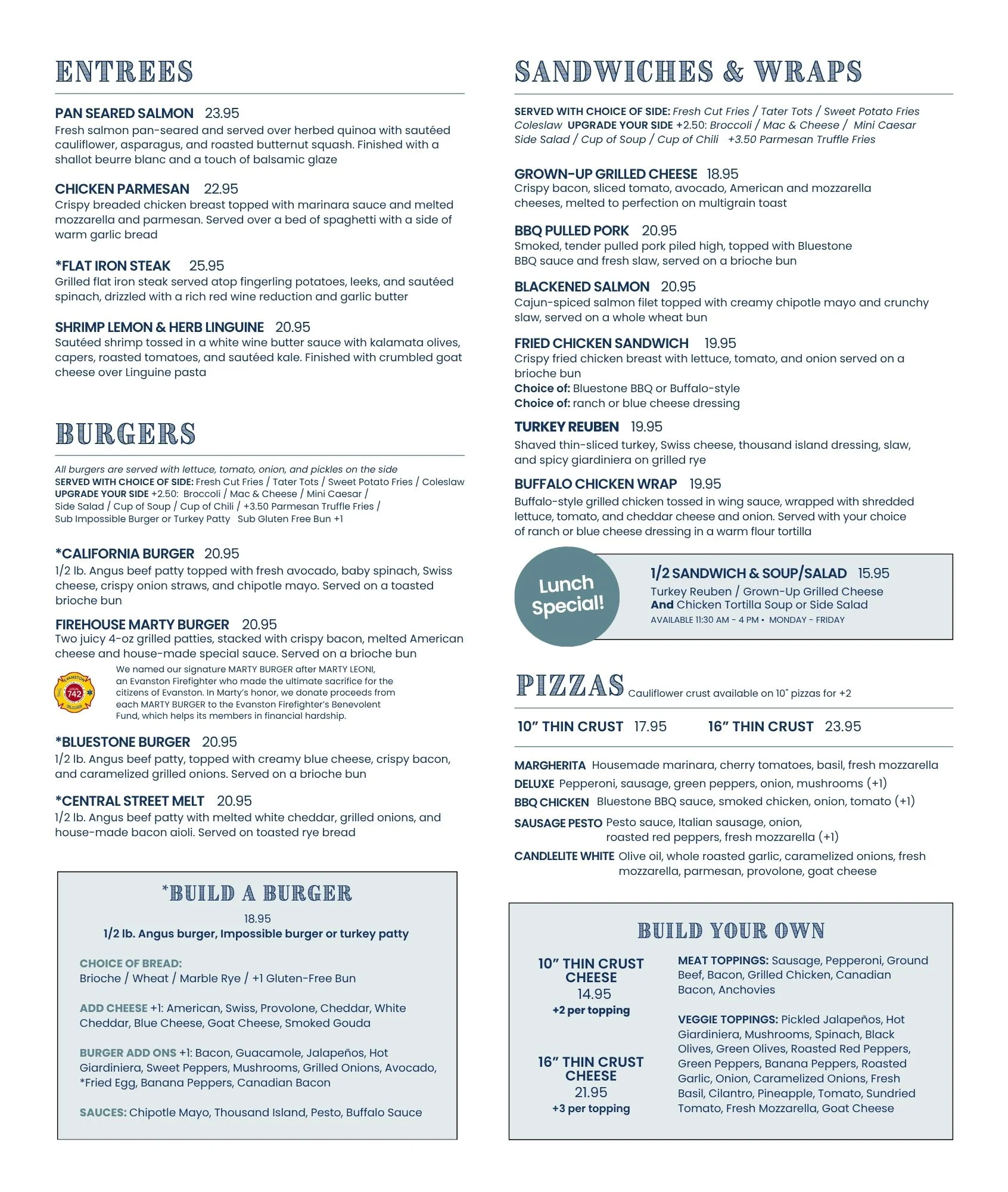 Diverse menu featuring burgers, sandwiches, and pizzas in a casual dining setting