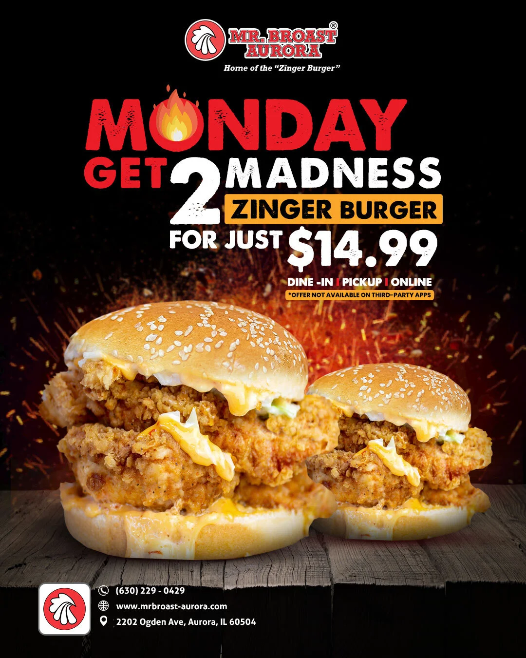 Two Zinger Burgers with sesame seed buns on a wooden surface, promotional text included.