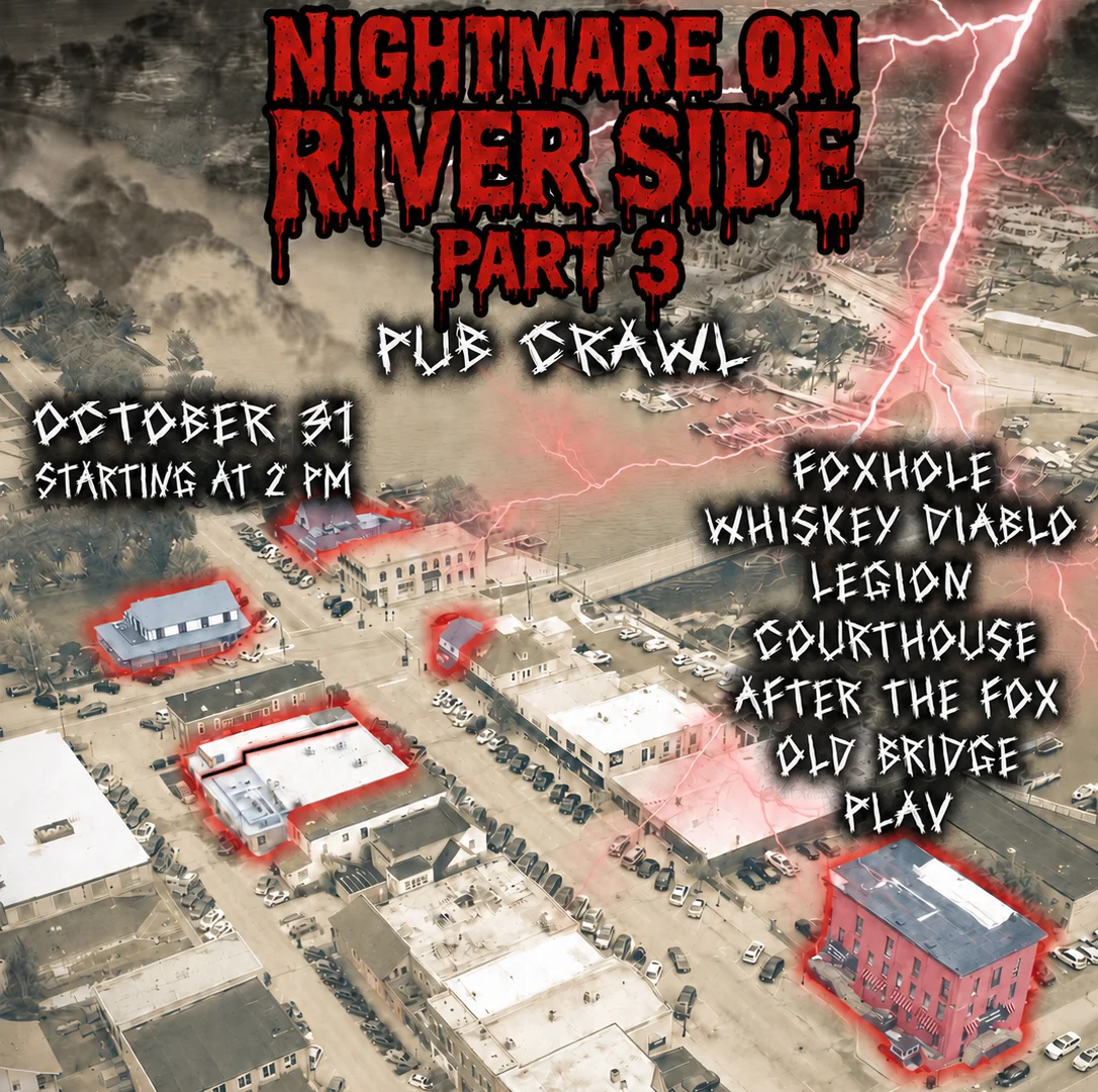 Dramatic event poster with bold red typography over an aerial cityscape