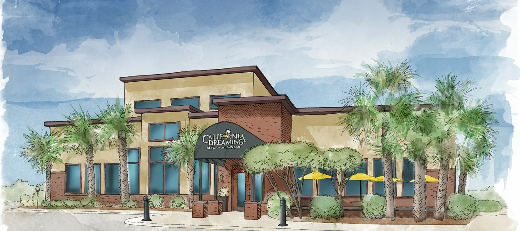 Exterior view of California Dreaming restaurant with palm trees