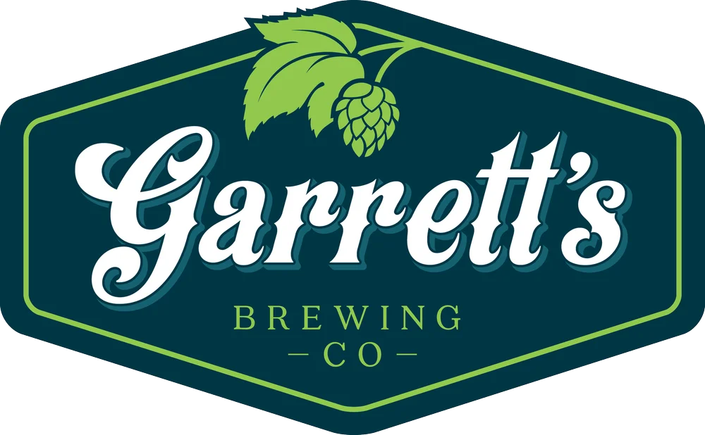Garrett's Brewing Co. logo featuring hops and vintage typography