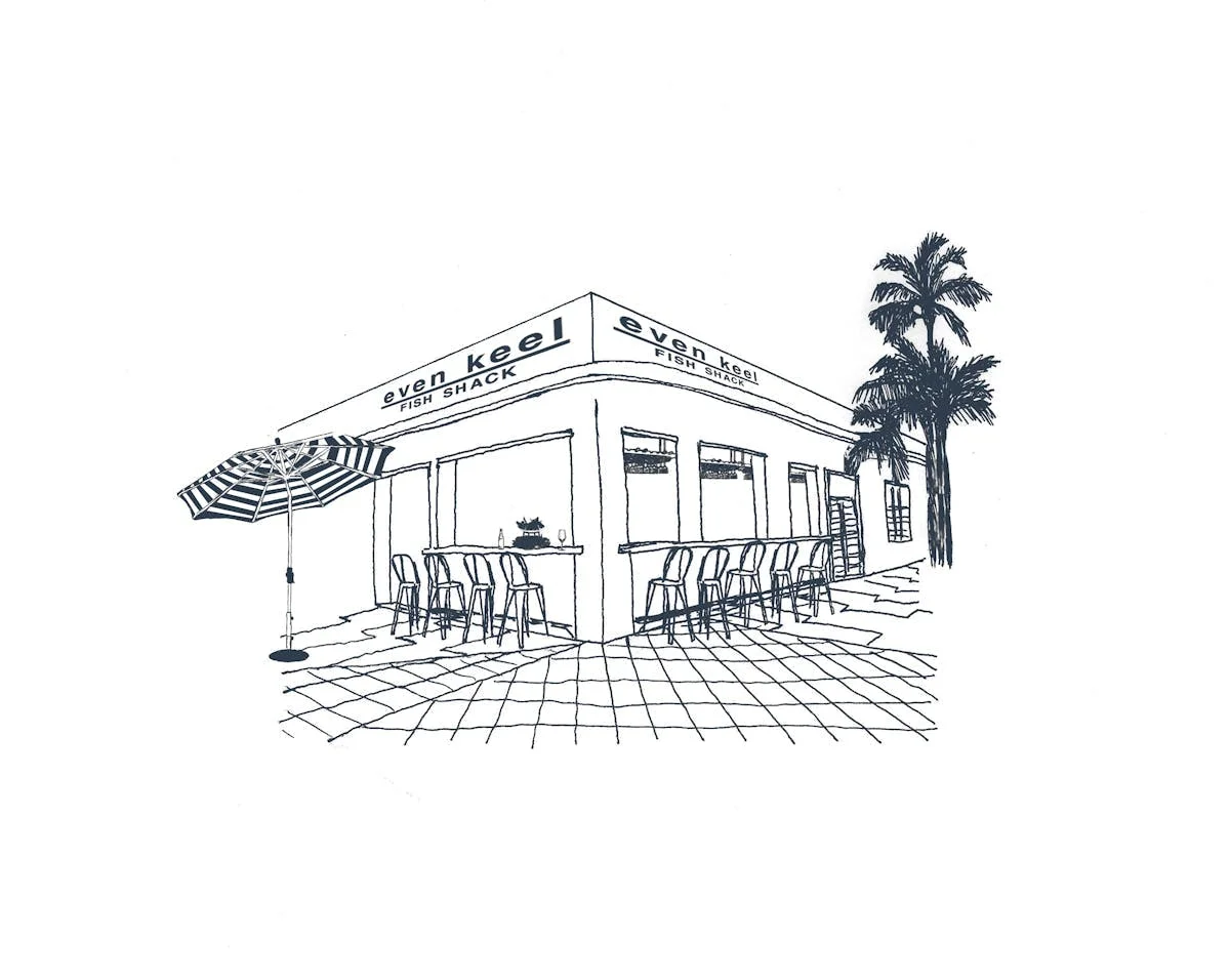 Stylish logo for a seafood restaurant featuring the name in modern typography alongside a sailing boat graphic.