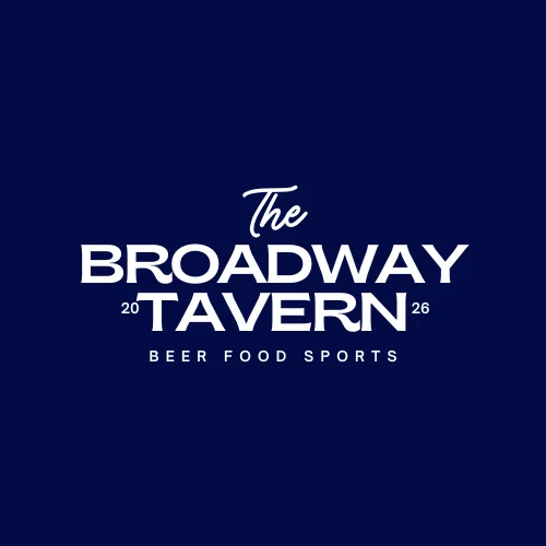 A logo for a tavern featuring the name 'The Broadway Tavern' with the tagline 'Beer Food Sports'.