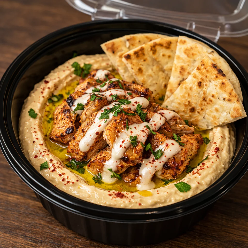 A serving of hummus topped with grilled chicken, drizzled with sauce, and accompanied by pita bread.