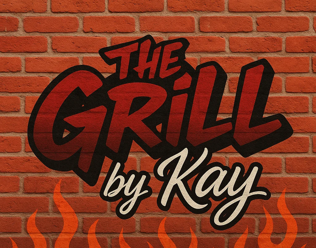 Logo of The Grill by Kay with a brick background and flames