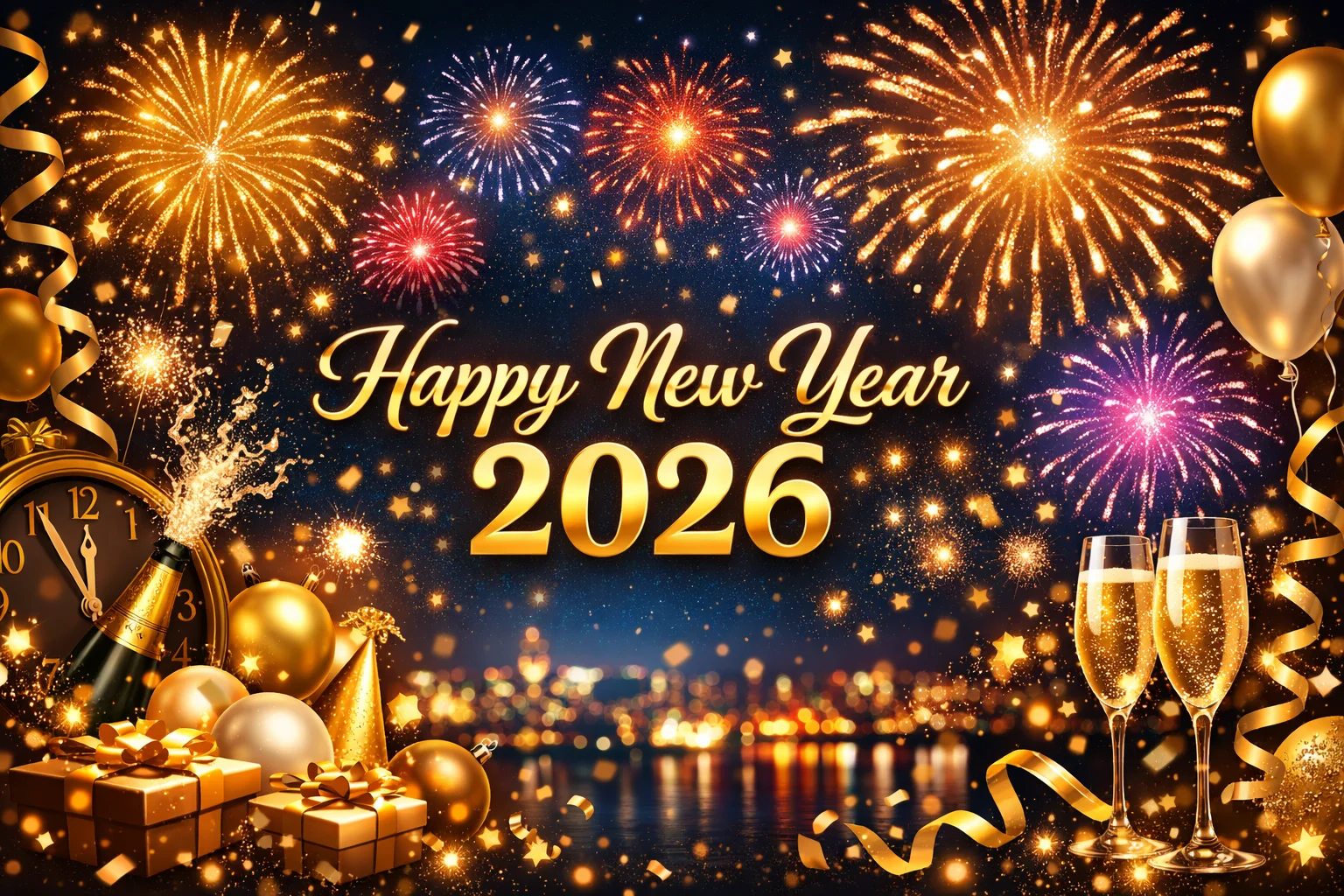 Festive New Year 2026 celebration with fireworks and champagne
