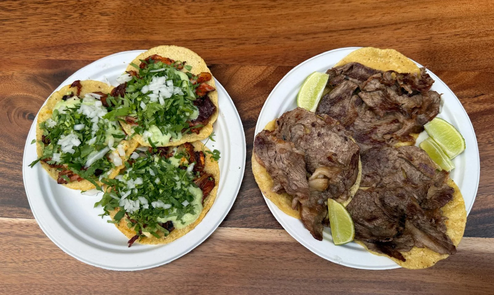 Authentic Mexican tacos al pastor and carne asada on a wooden table