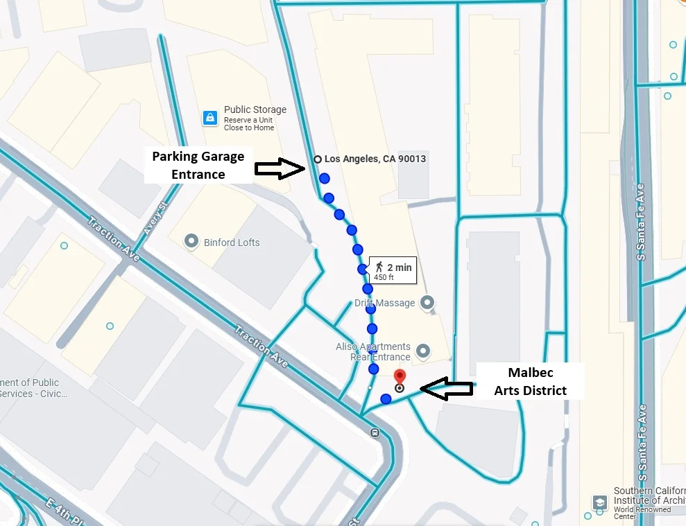 Map showing parking and Malbec Arts District in Los Angeles