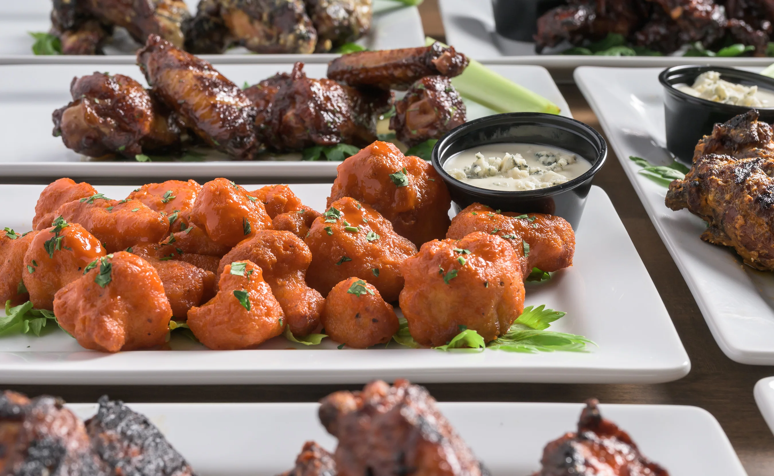 Buffalo cauliflower bites with blue cheese dip