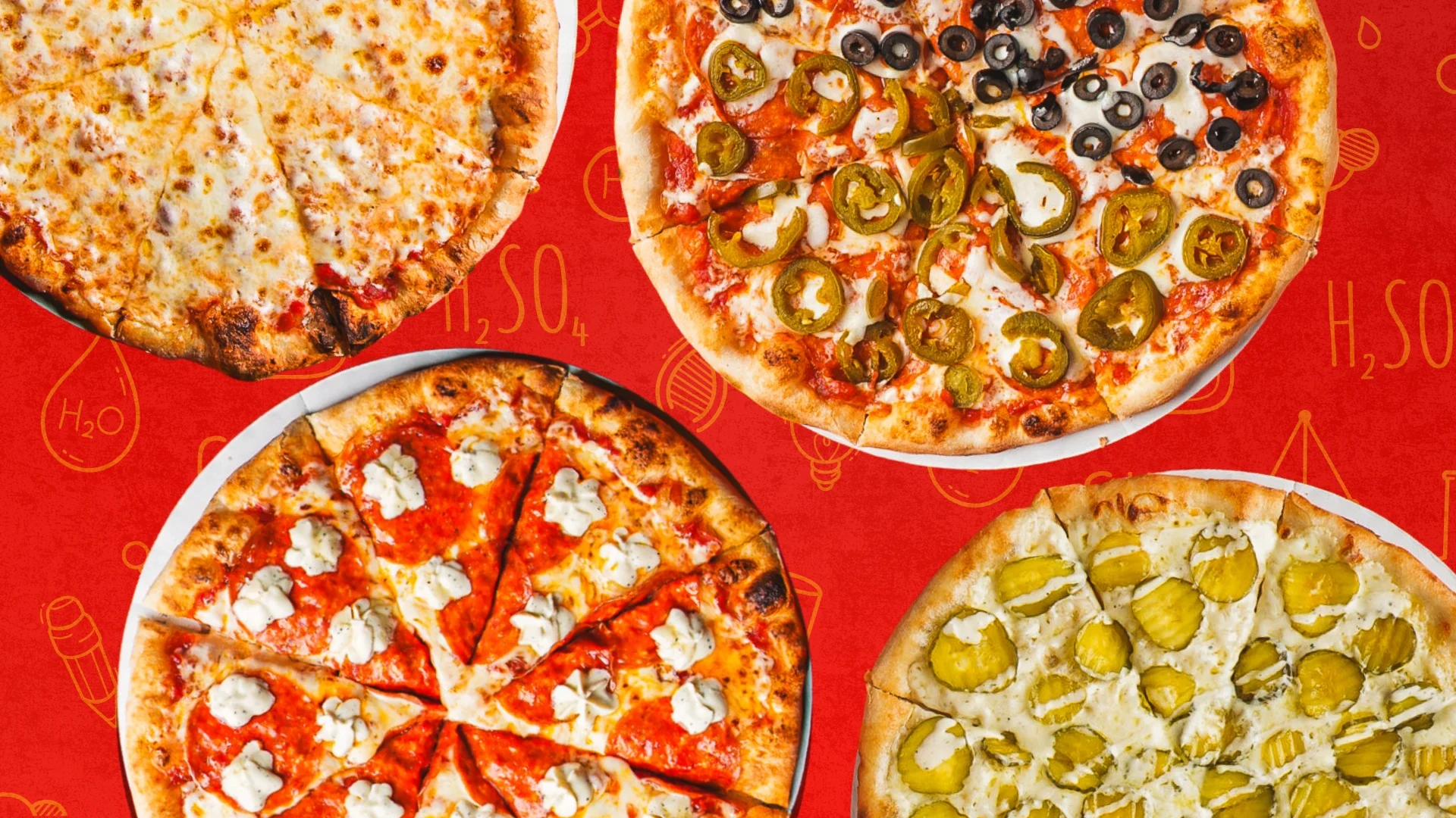 Variety of gourmet pizzas on a vibrant red background