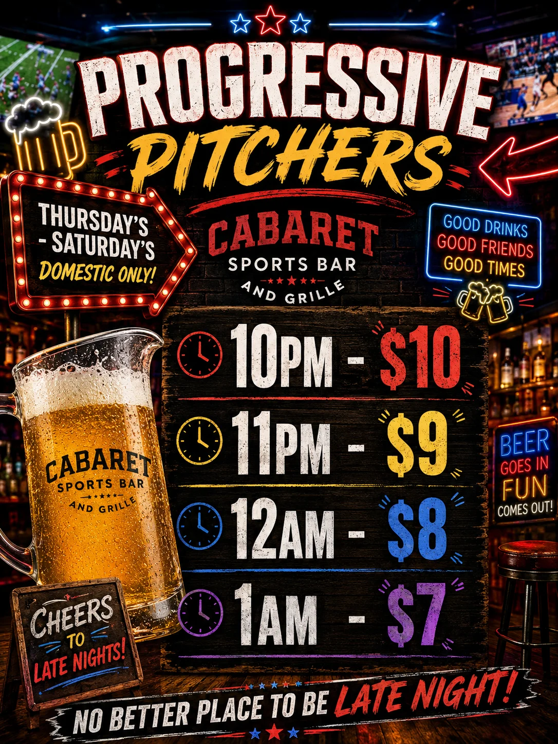 Promotional poster for progressive pitchers at a sports bar