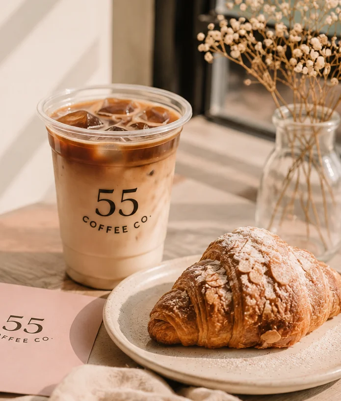 Iced coffee drink with a croissant on a wooden table
