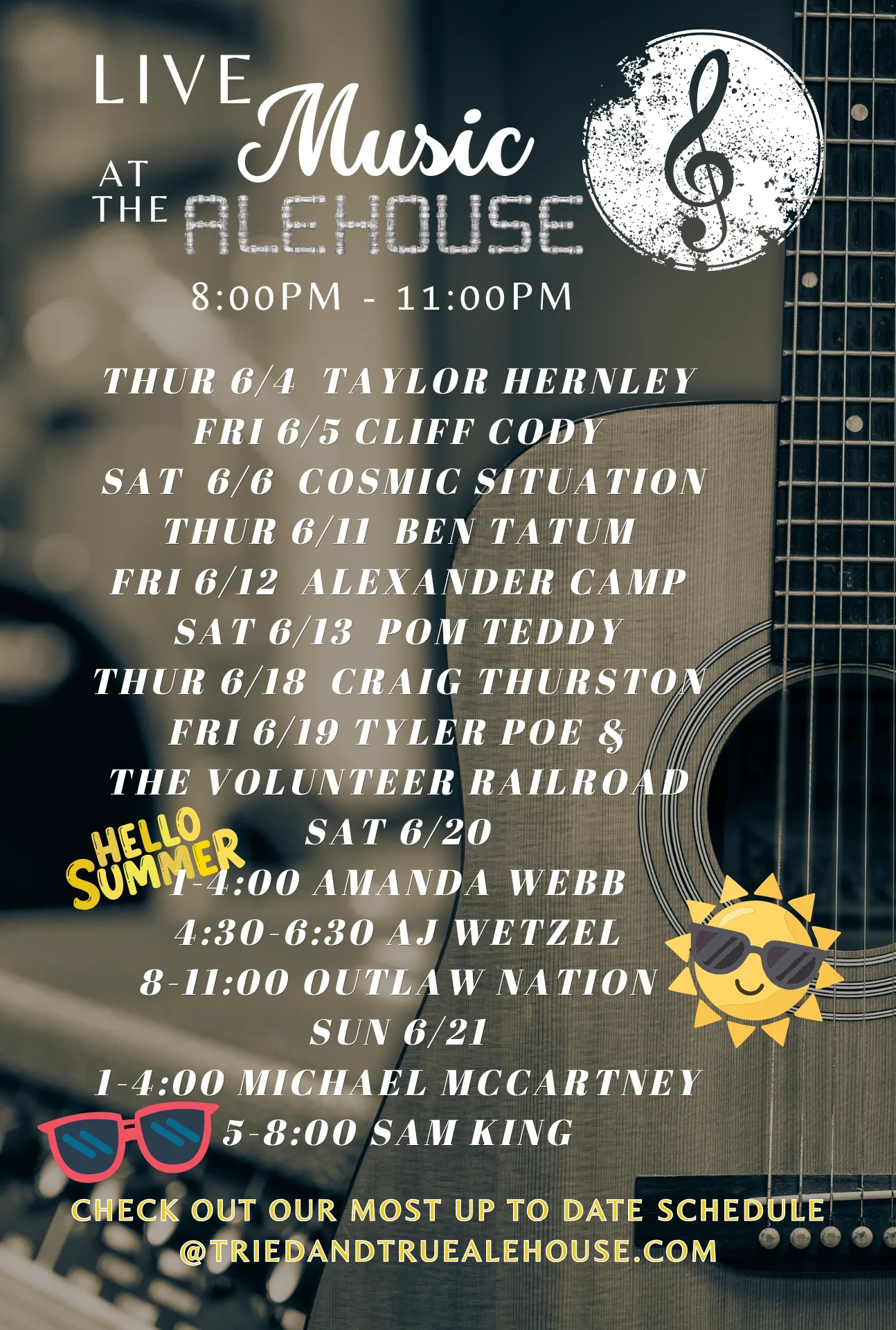 Live music schedule at the Alehouse with various artists and times