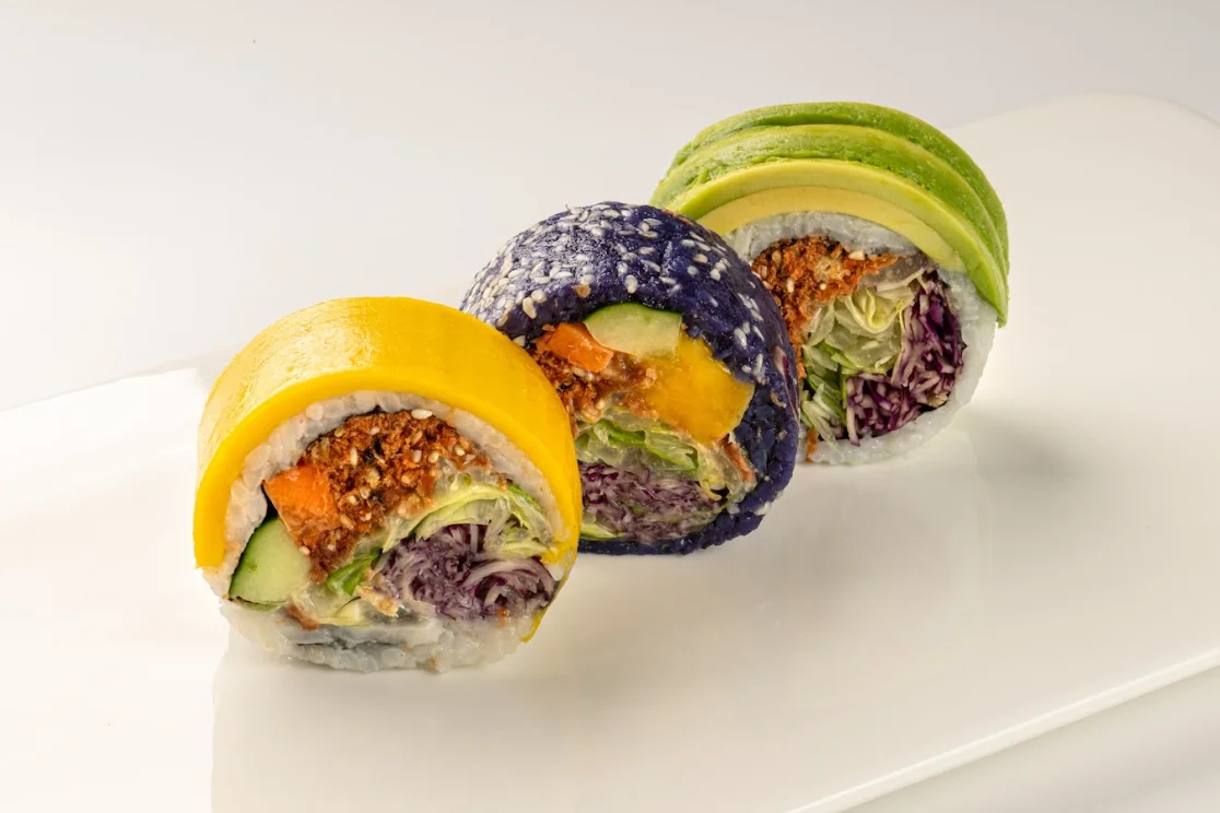 Colorful sushi rolls with vibrant vegetable fillings