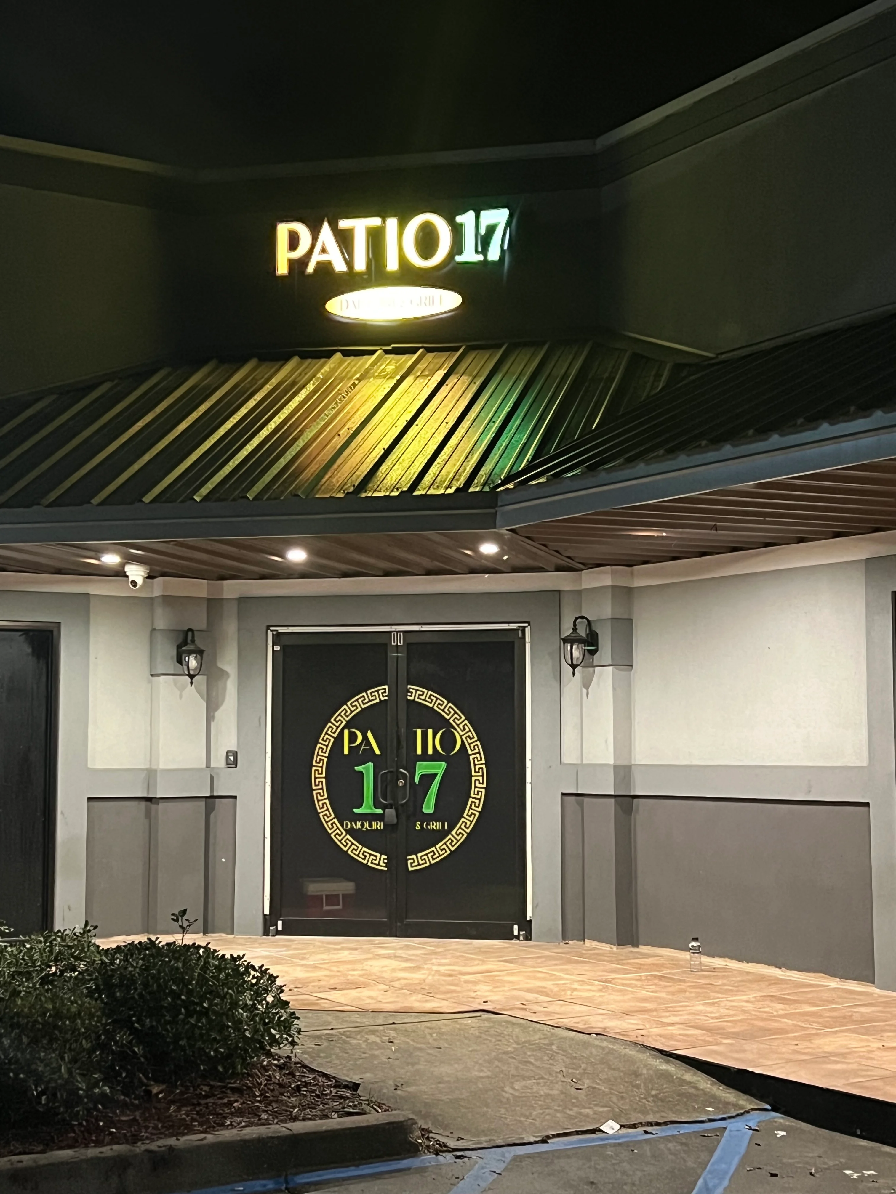 Exterior view of Patio 17 restaurant with illuminated signage