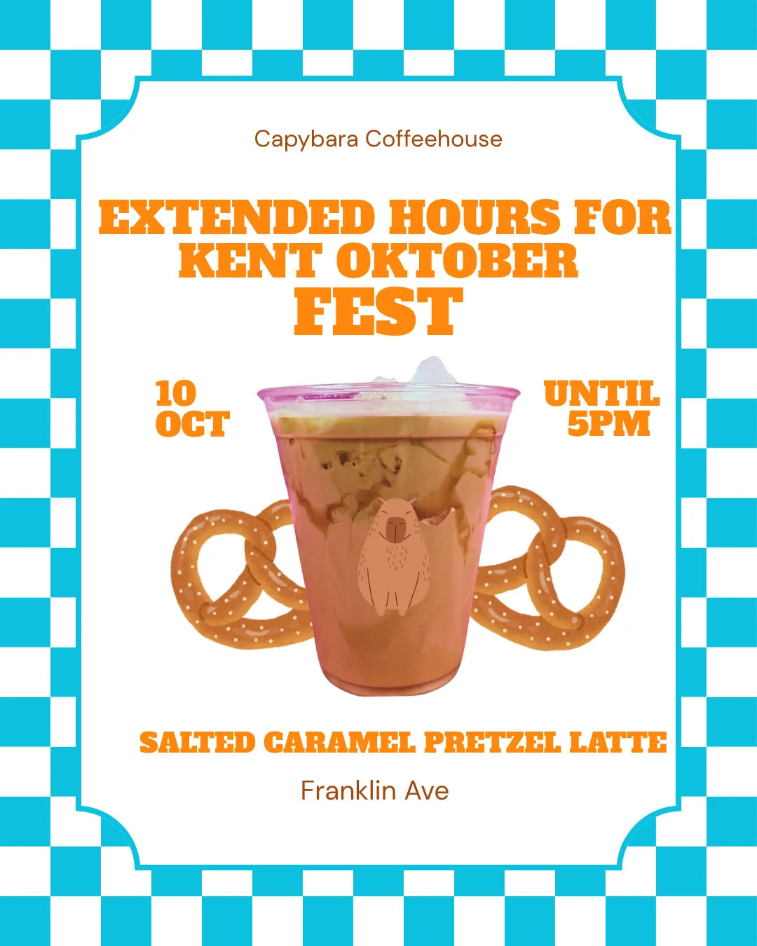 Promotional graphic featuring a salted caramel pretzel latte at a coffeehouse