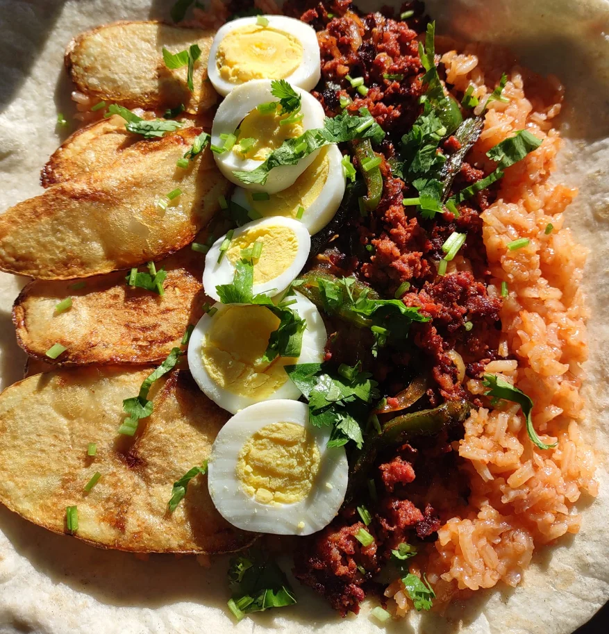 Mexican breakfast burrito with chorizo and potatoes