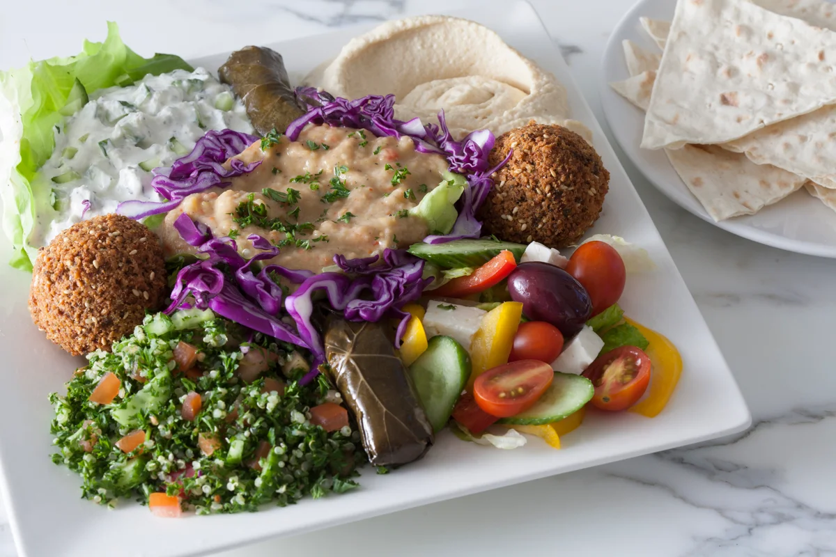 Mediterranean platter with falafel and tabbouleh