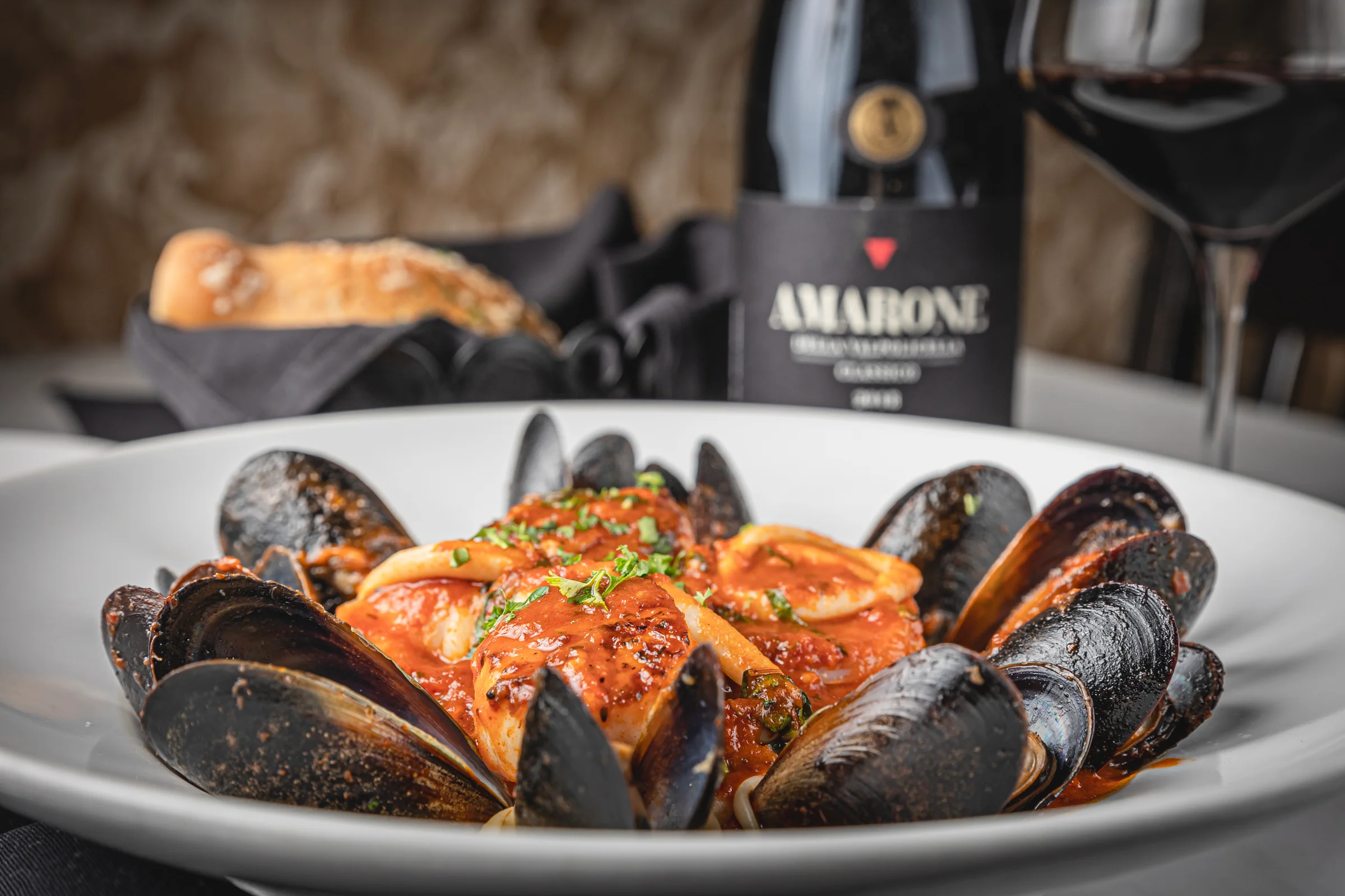 Italian seafood pasta with mussels in marinara sauce