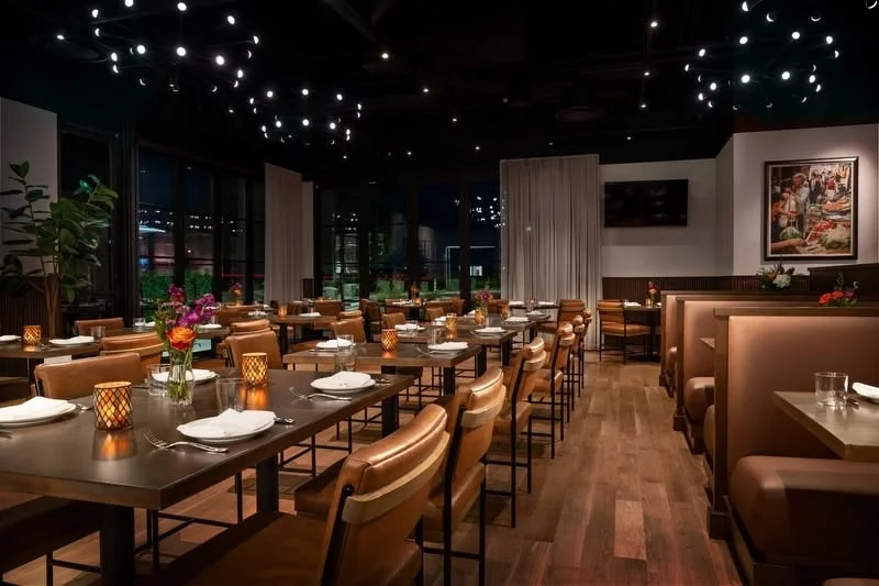 Elegant restaurant interior with warm lighting and modern decor