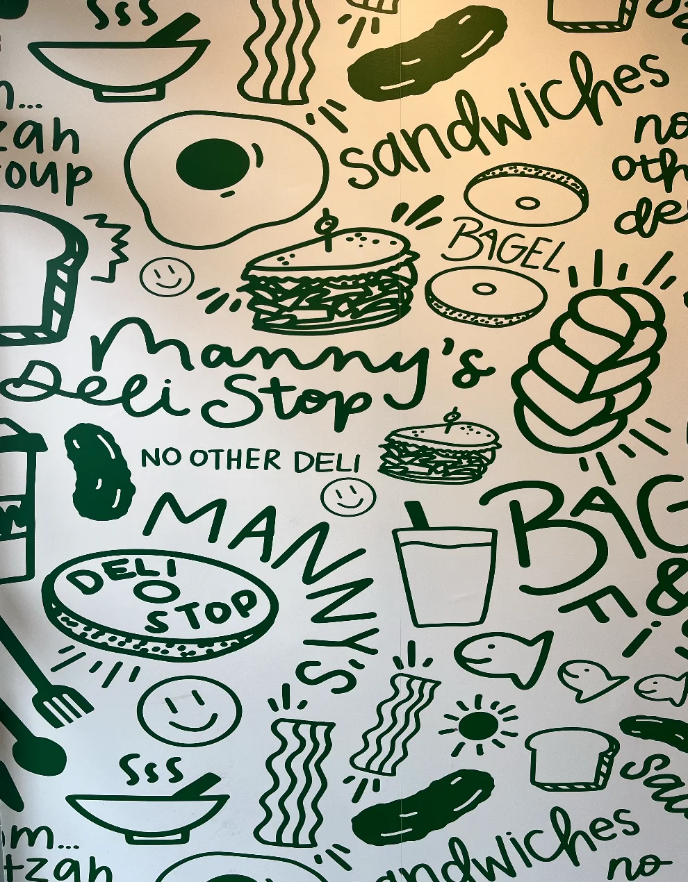 Colorful mural featuring deli items and playful designs