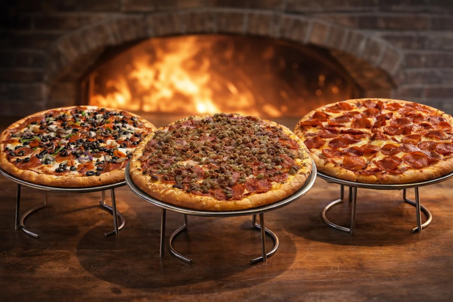 Three gourmet pizzas in front of a wood-fired oven