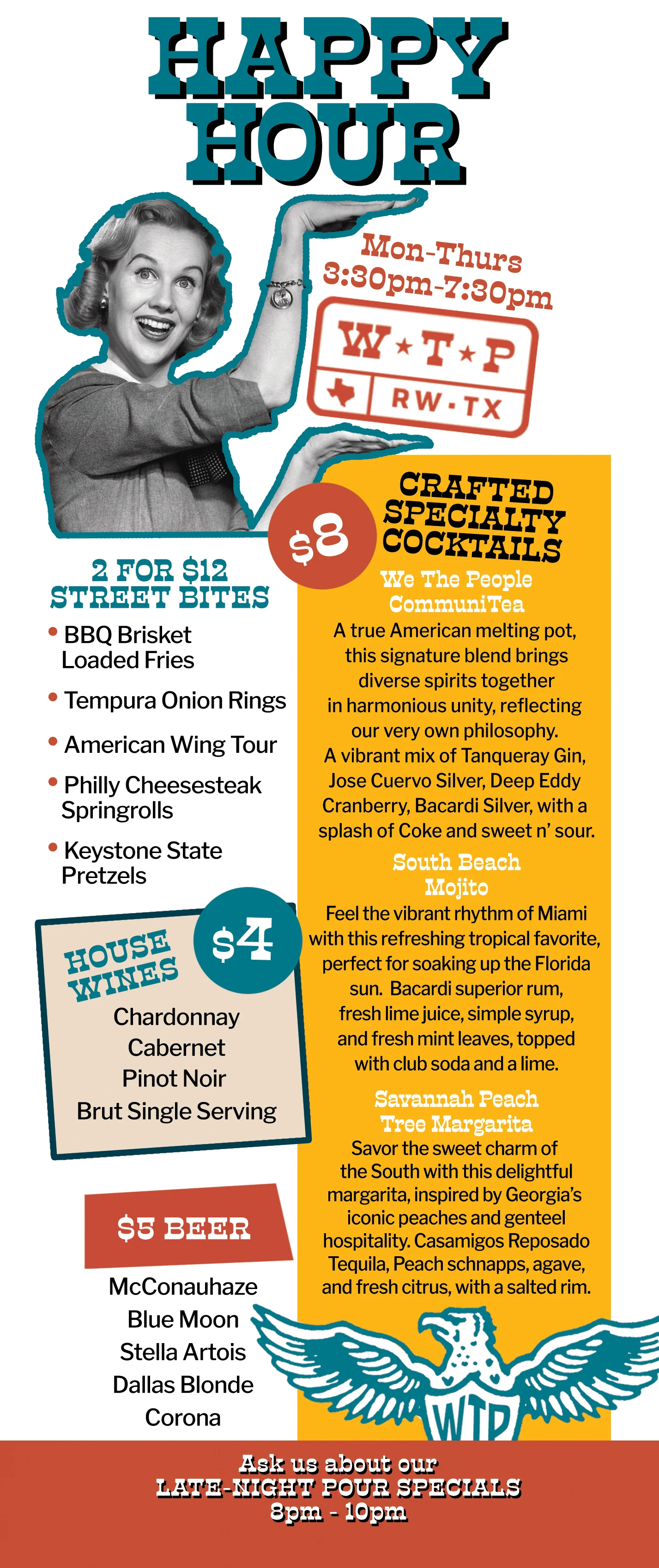 Happy Hour menu featuring drinks and street bites specials.