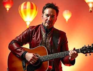 Musician in a leather jacket playing guitar with colorful lanterns in the background