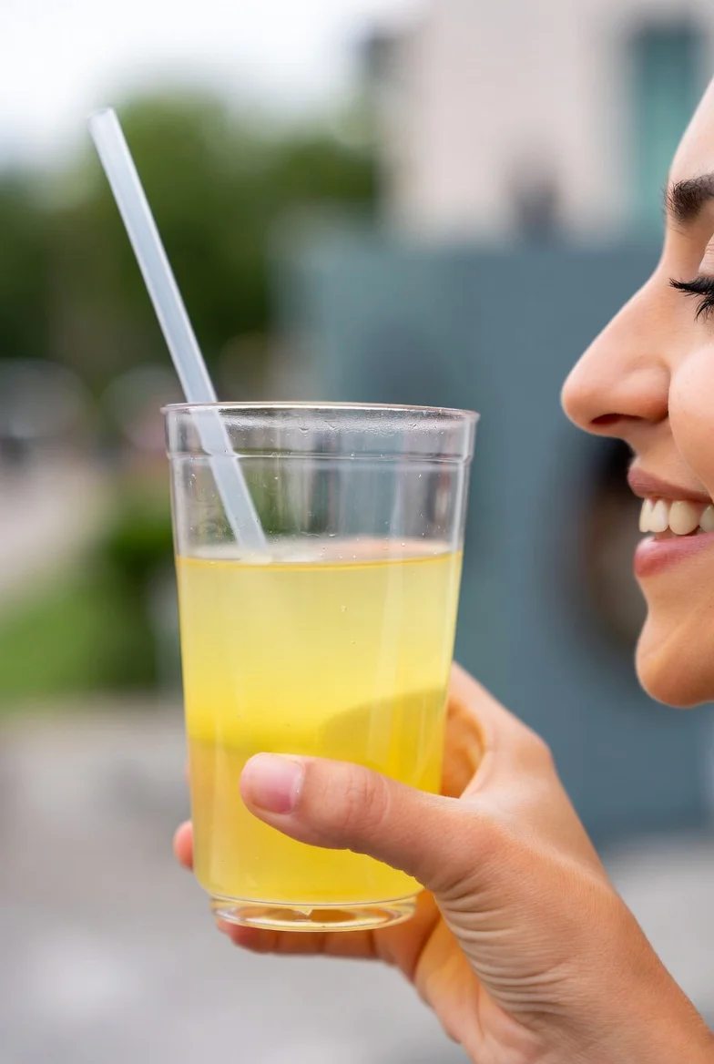 A woman holding a refreshing yellow drink in a clear cup with a straw.