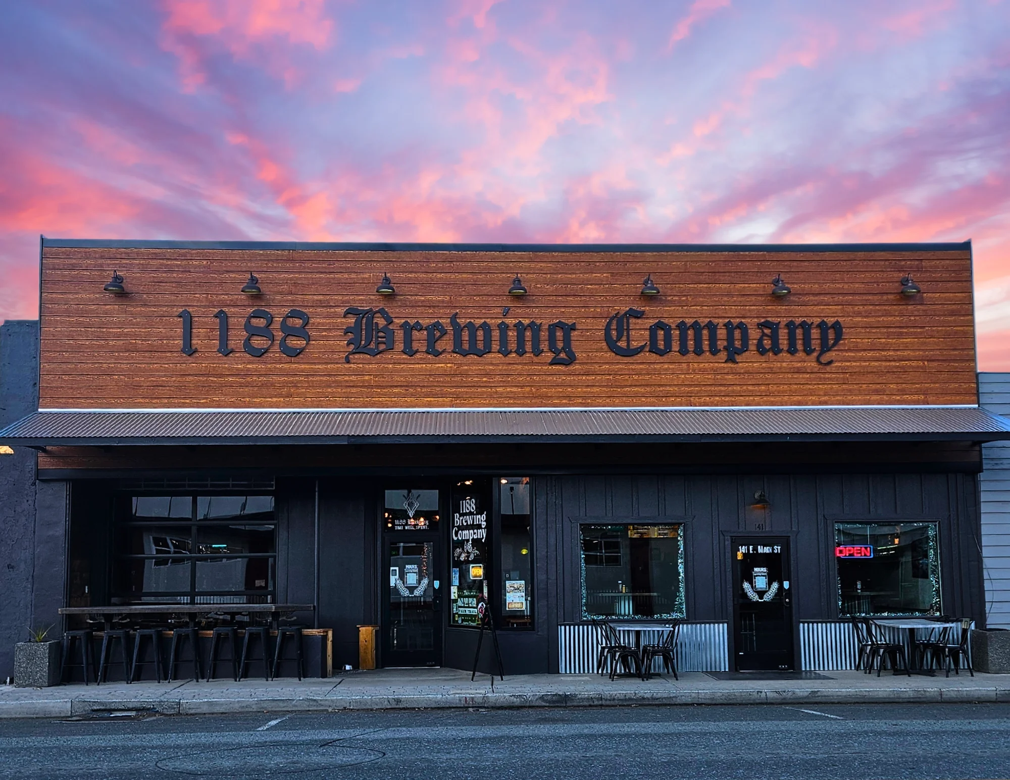 Exterior view of 1188 Brewing Company at sunset