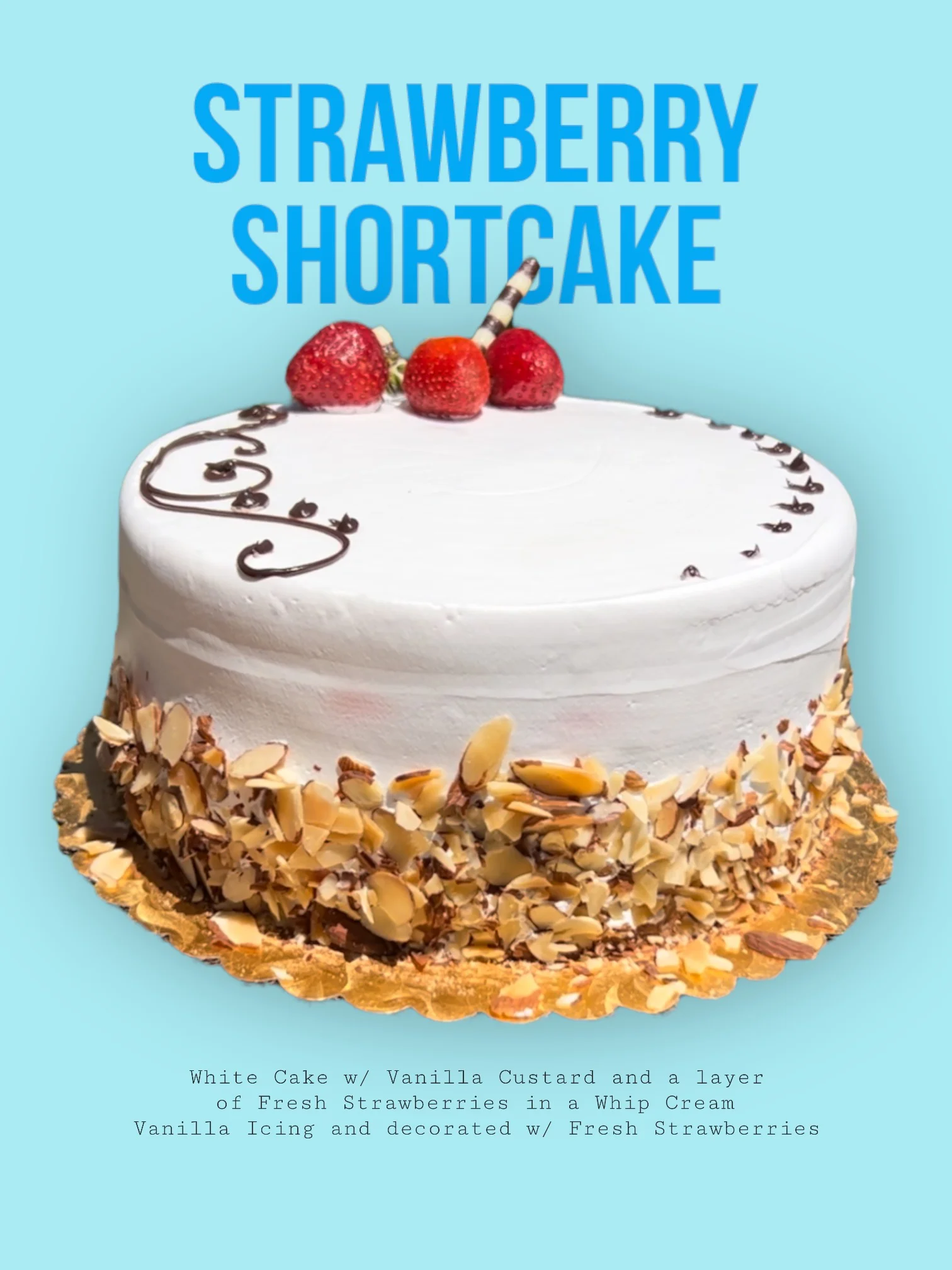 Classic strawberry shortcake dessert on a blue background