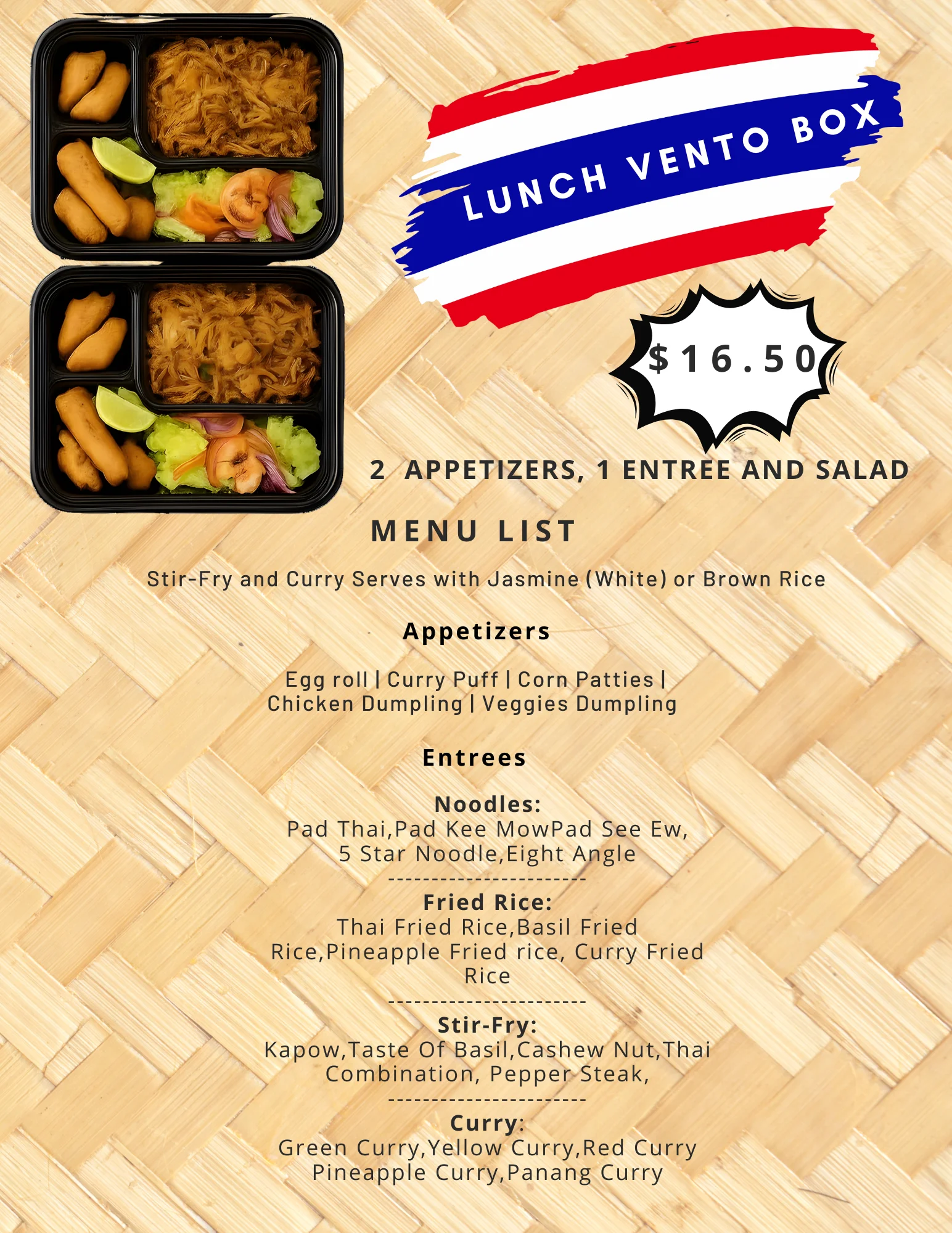 Lunch Vento Box featuring Thai stir-fry and appetizers