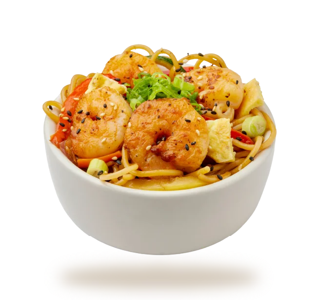 Shrimp lo mein with vegetables in a white bowl