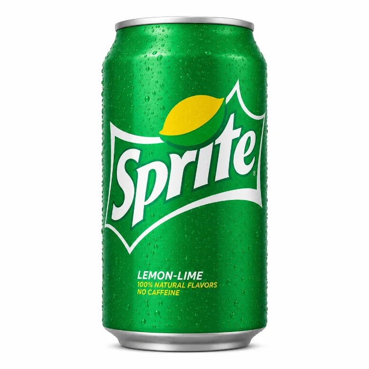 A green can of Sprite soda with condensation, featuring a lemon-lime flavor.