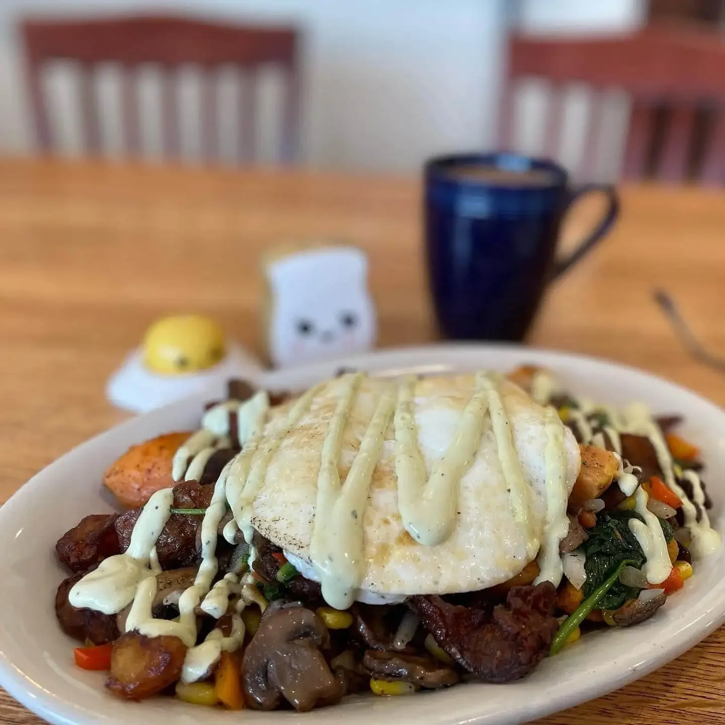Veggie Hash, a vegetarian breakfast dish, and coffee, from Doozy's Diner a breakfast brunch restaurant in Catonsville,MD
