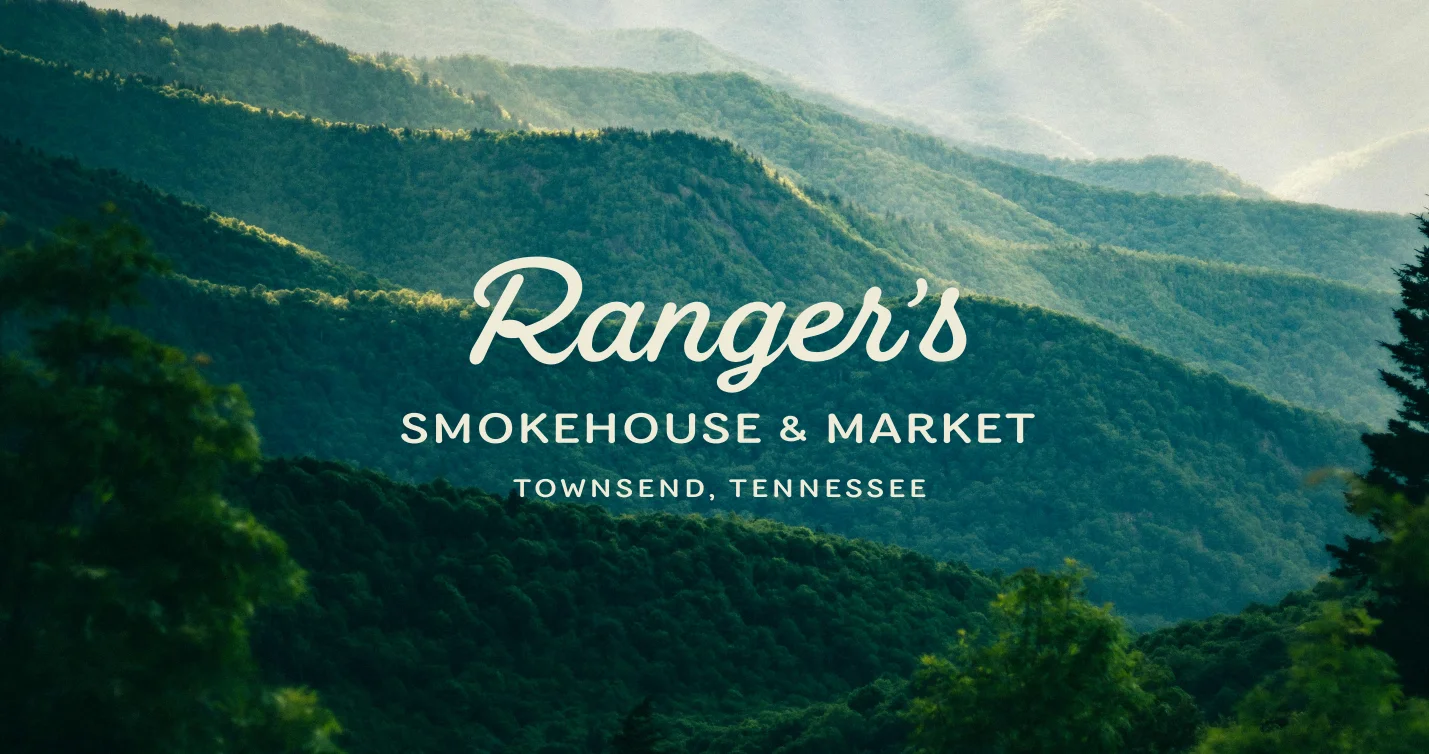 Smoky Blue Ridge Mountains with restaurant branding typography