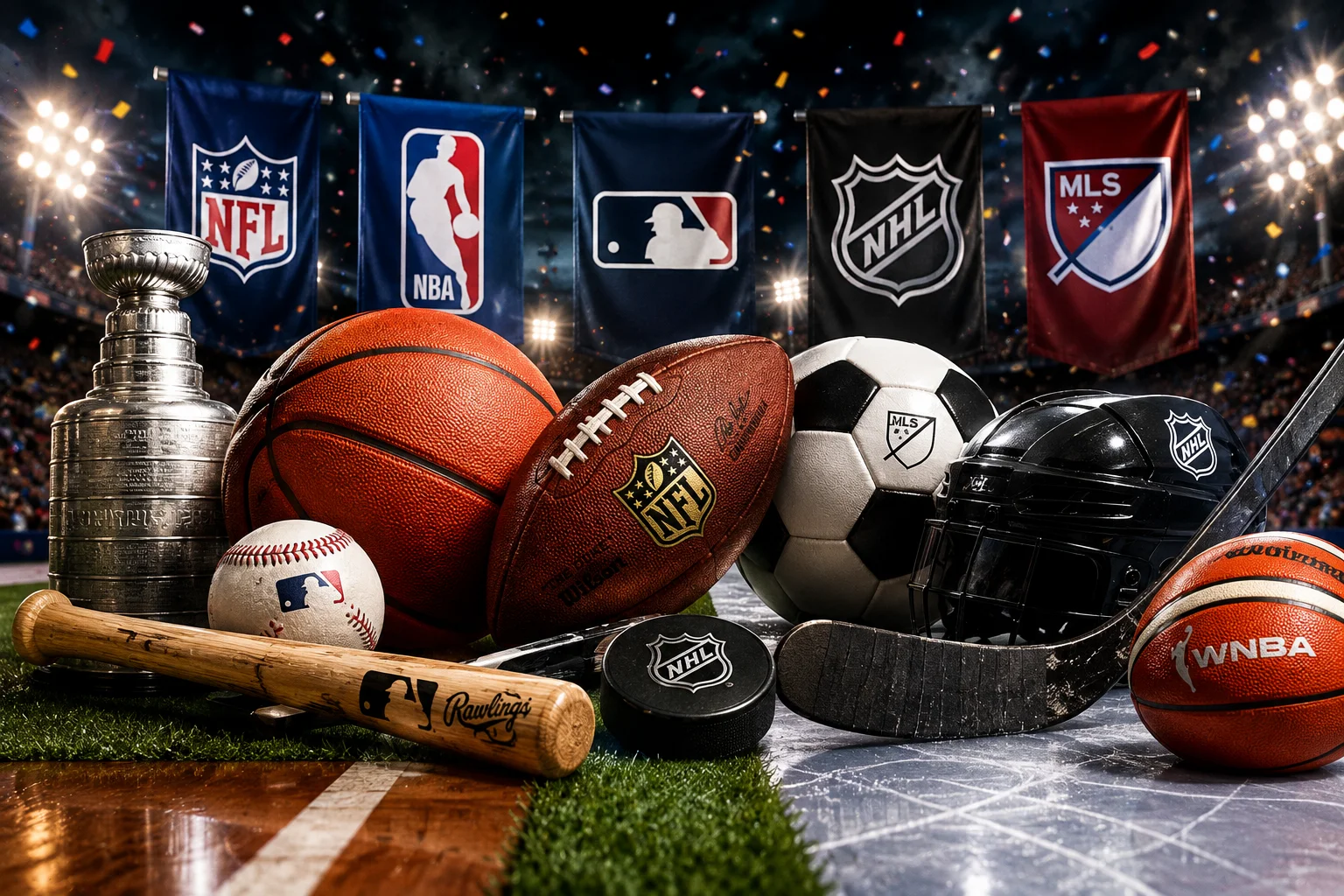 Collection of sports equipment and trophies from major leagues