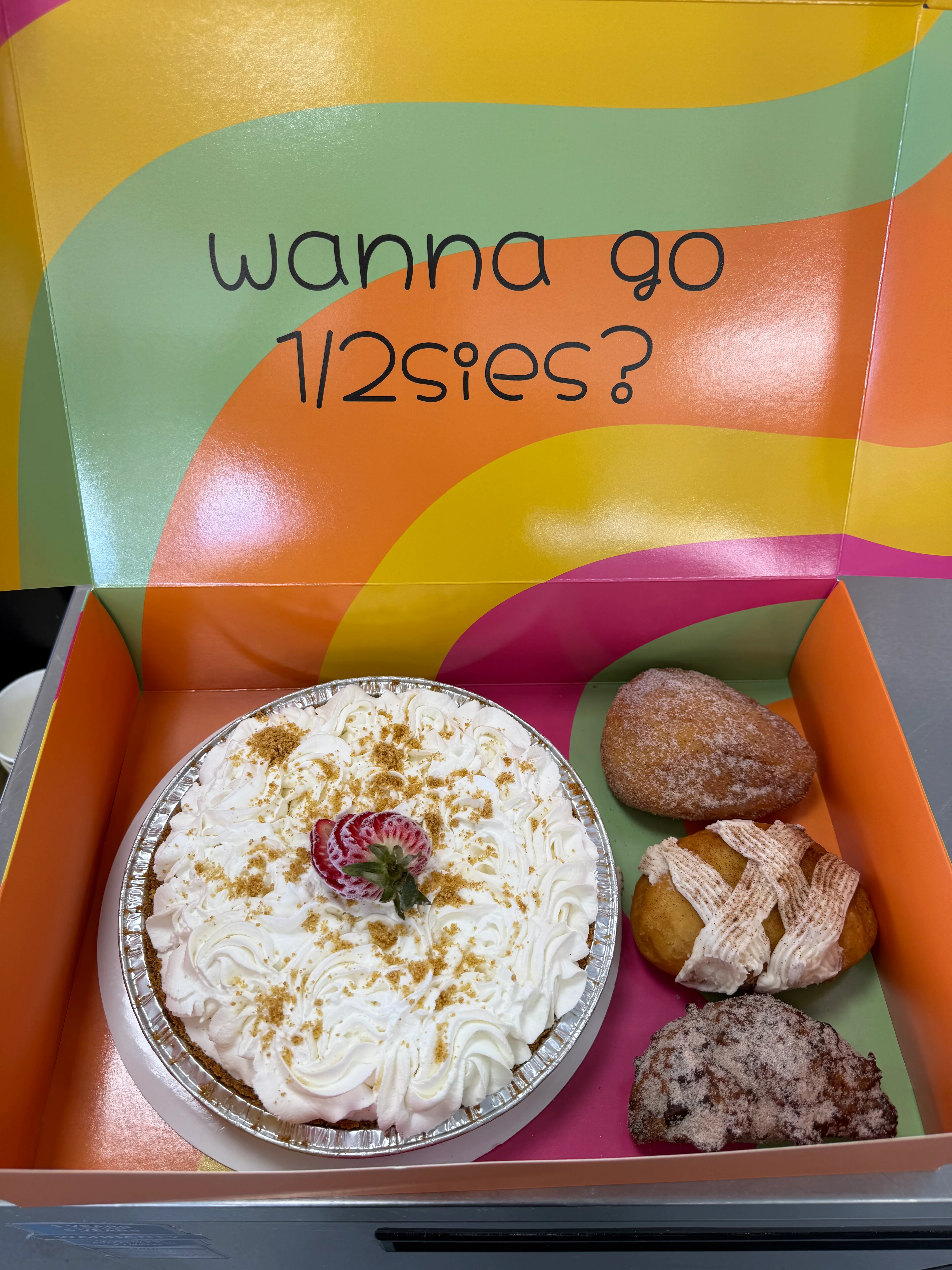 Delicious dessert box with pie and pastries