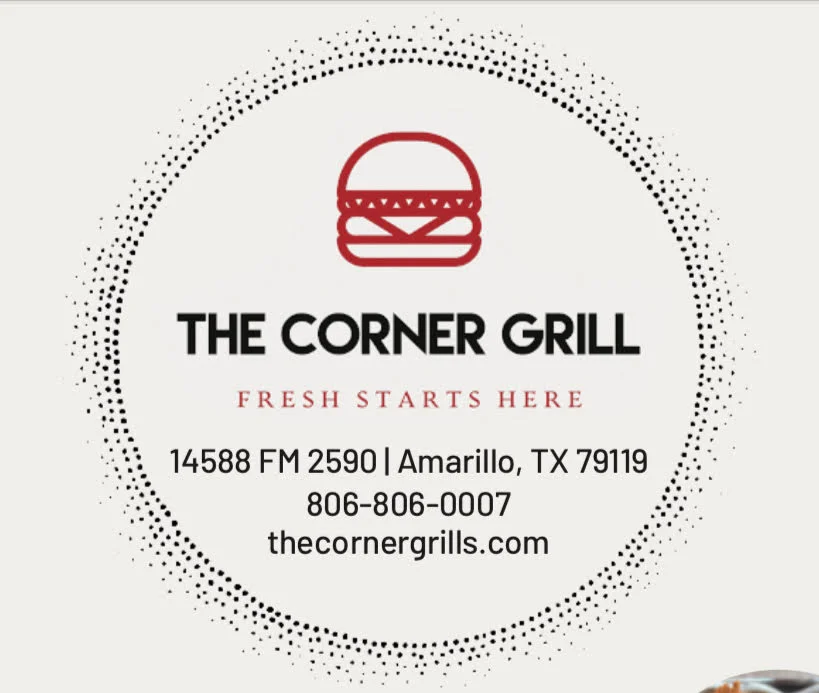 A logo for a restaurant featuring a burger icon and the text 'The Corner Grill' with contact information.