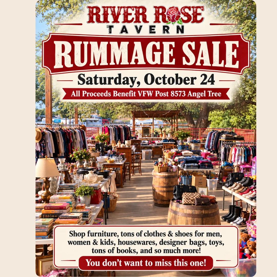 River Rose Tavern outdoor rummage sale event poster with merchandise tables
