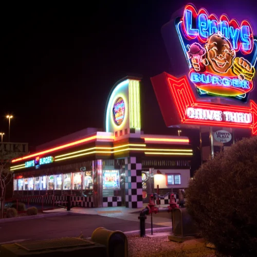 Lenny's Burger restaurant illuminated at night