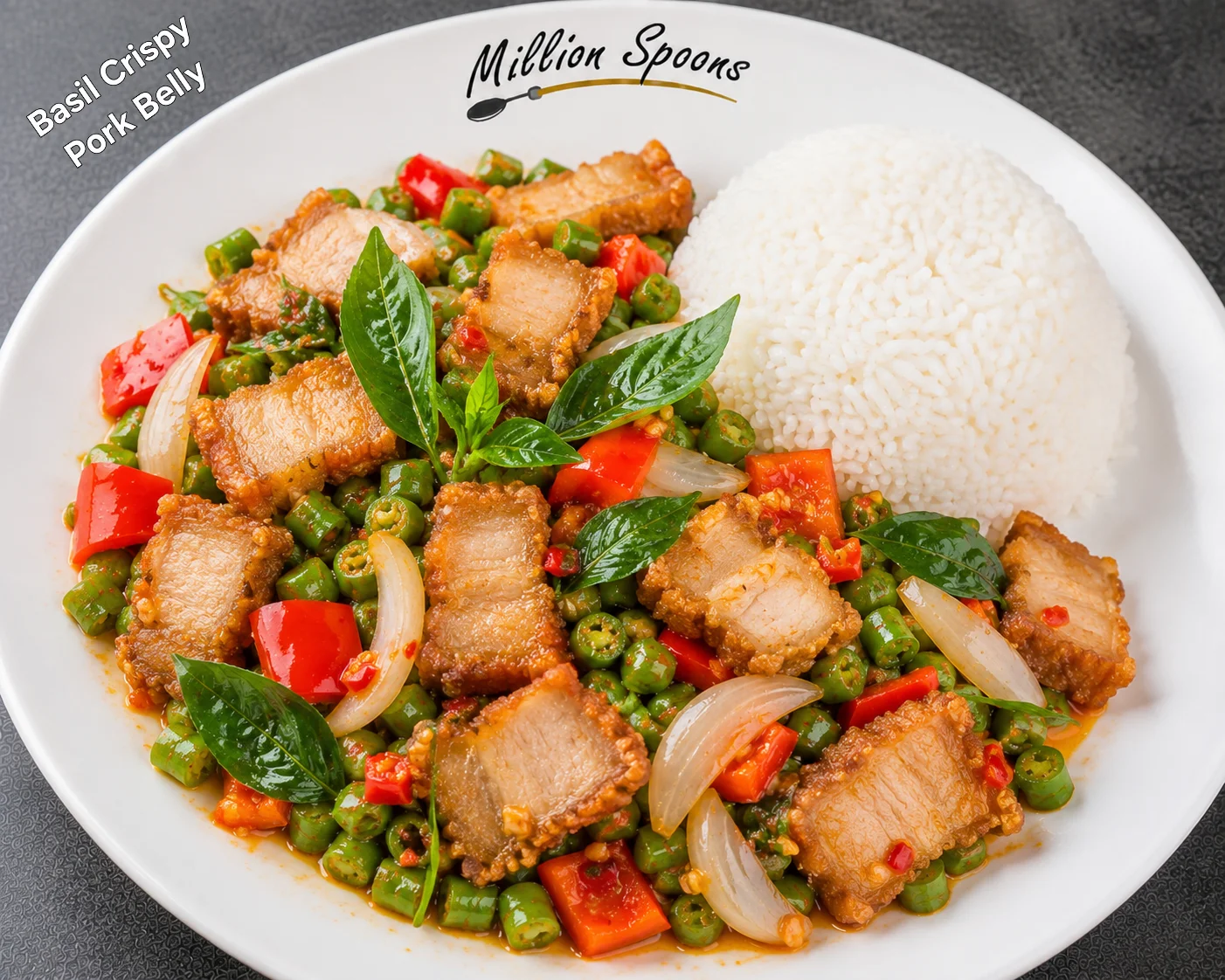 Thai basil crispy pork belly with rice