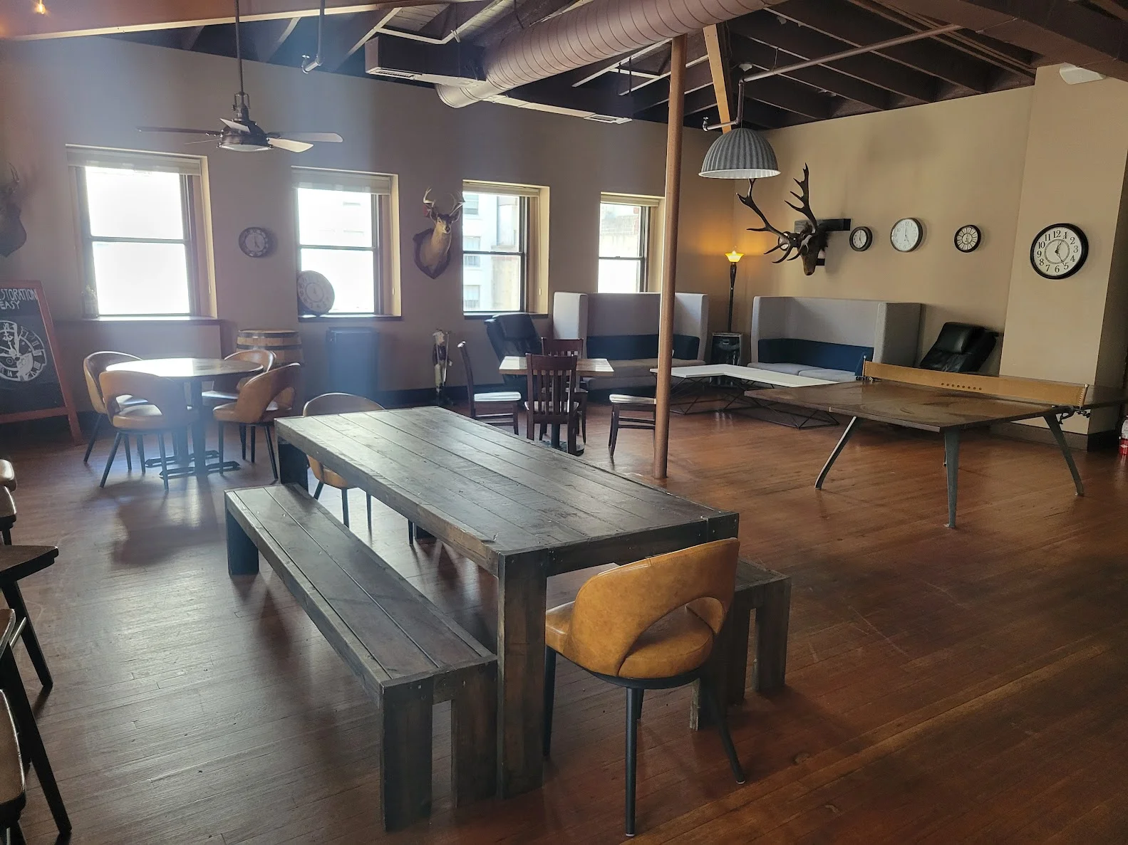 Cozy restaurant interior with wooden tables and rustic decor