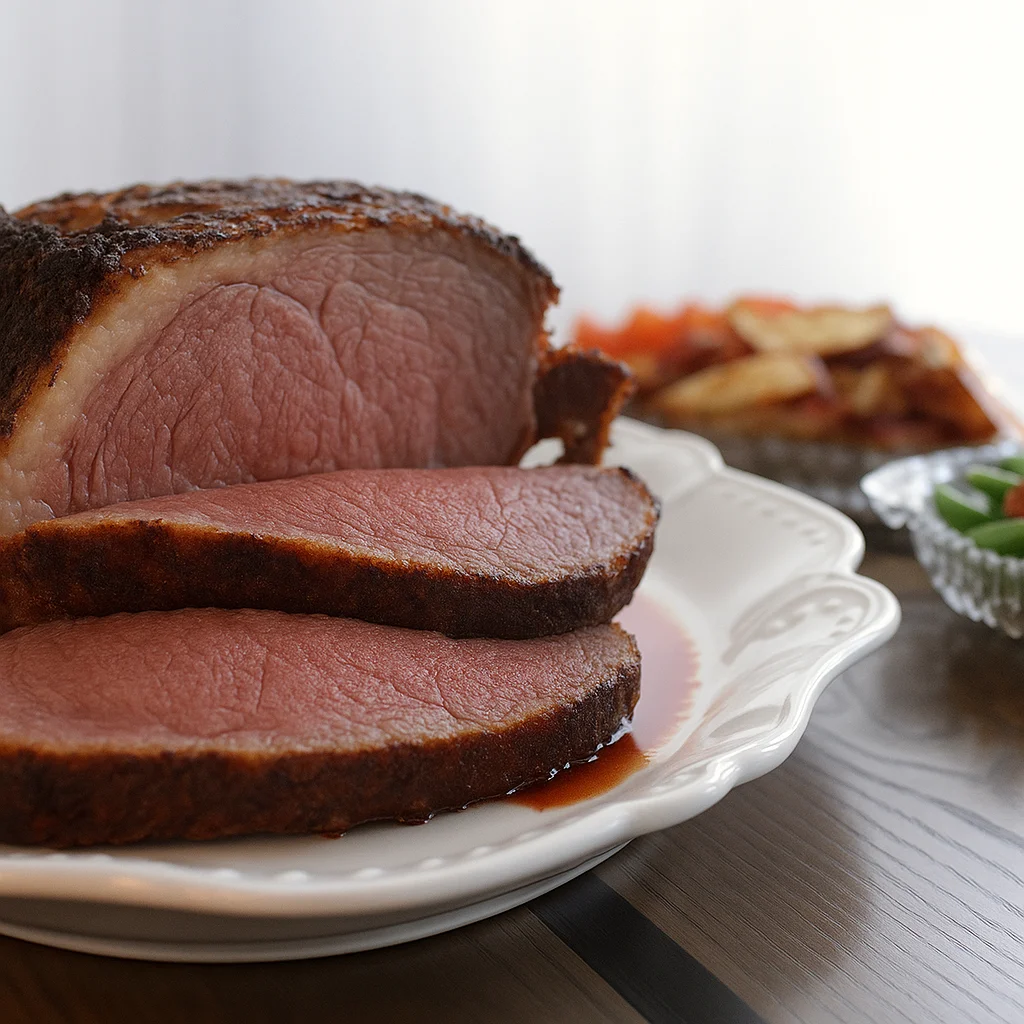 Sliced roast beef with crispy crust on a white plate