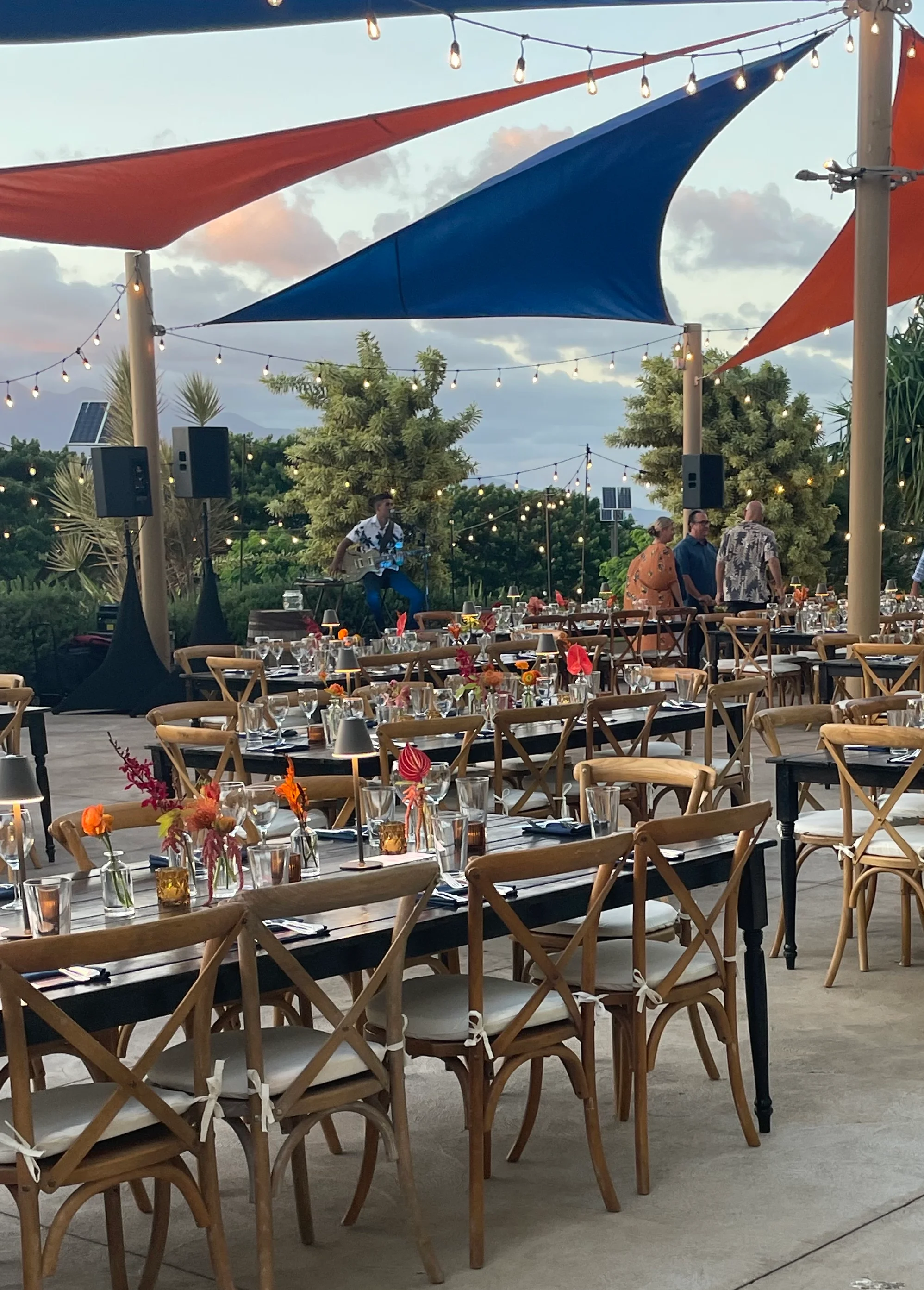 Outdoor dining setup with colorful canopies and elegant table settings