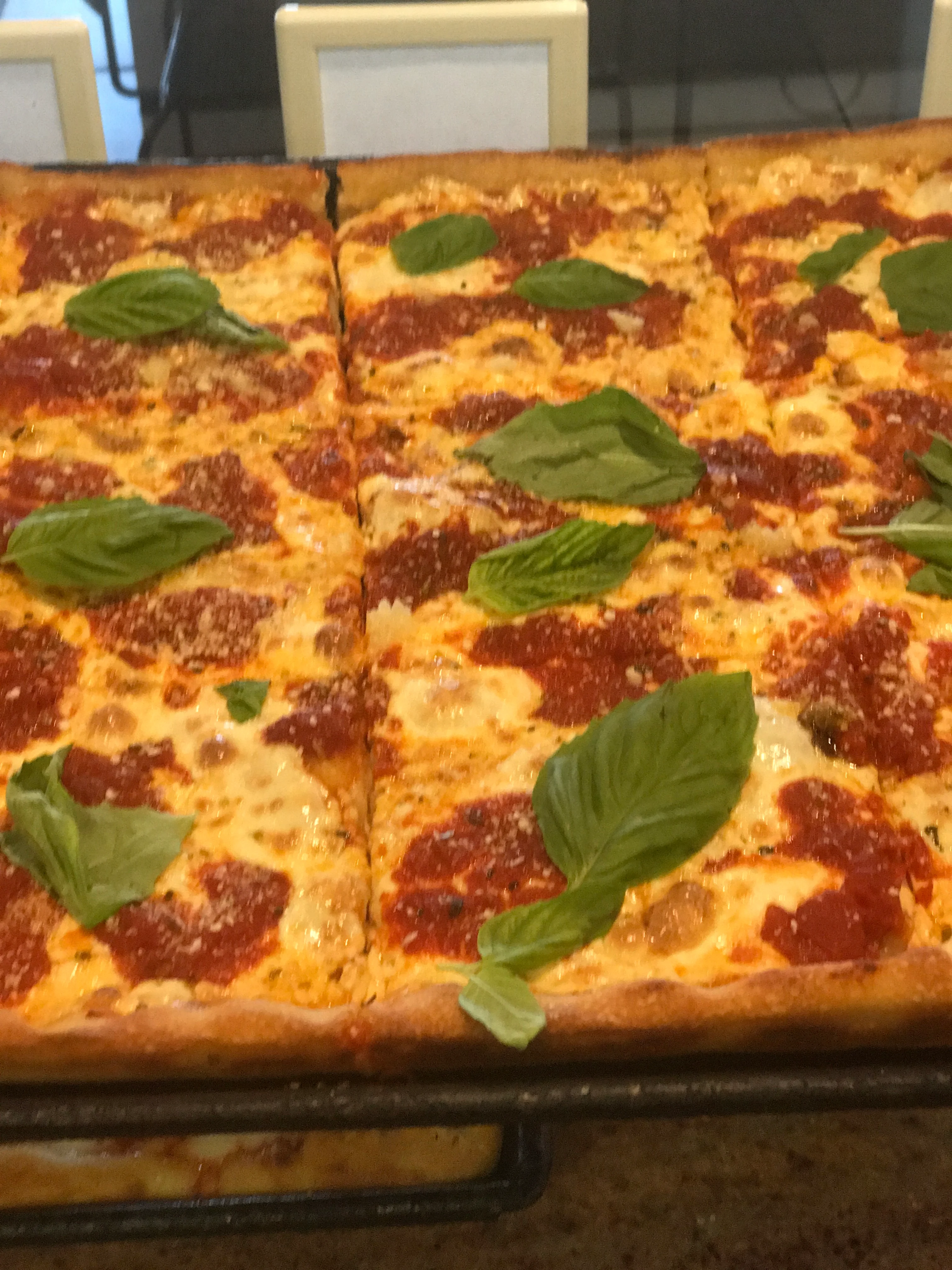 Sicilian-style pizza topped with marinara and fresh basil