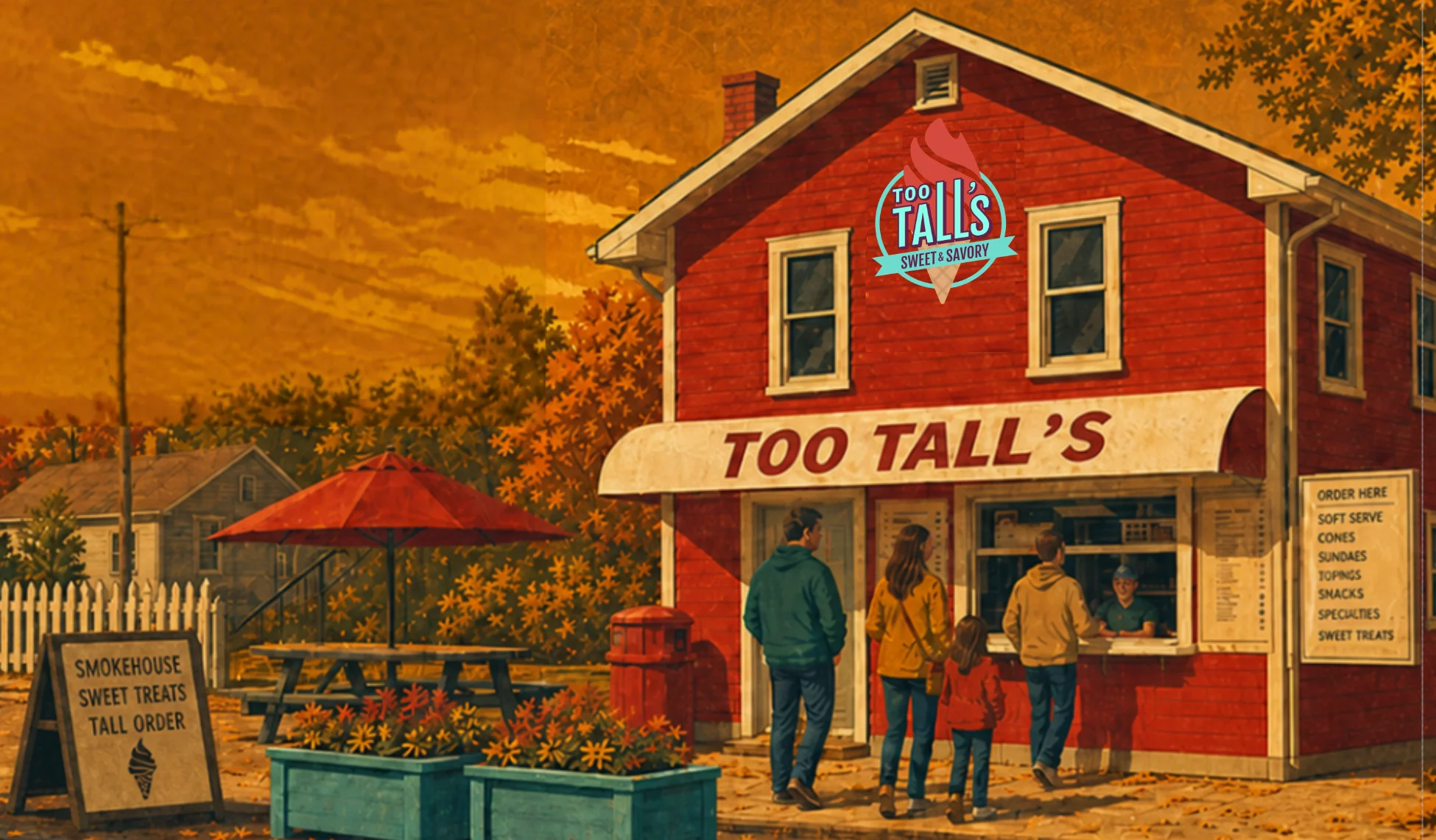 Illustrated ice cream shop exterior with autumn decor and outdoor seating