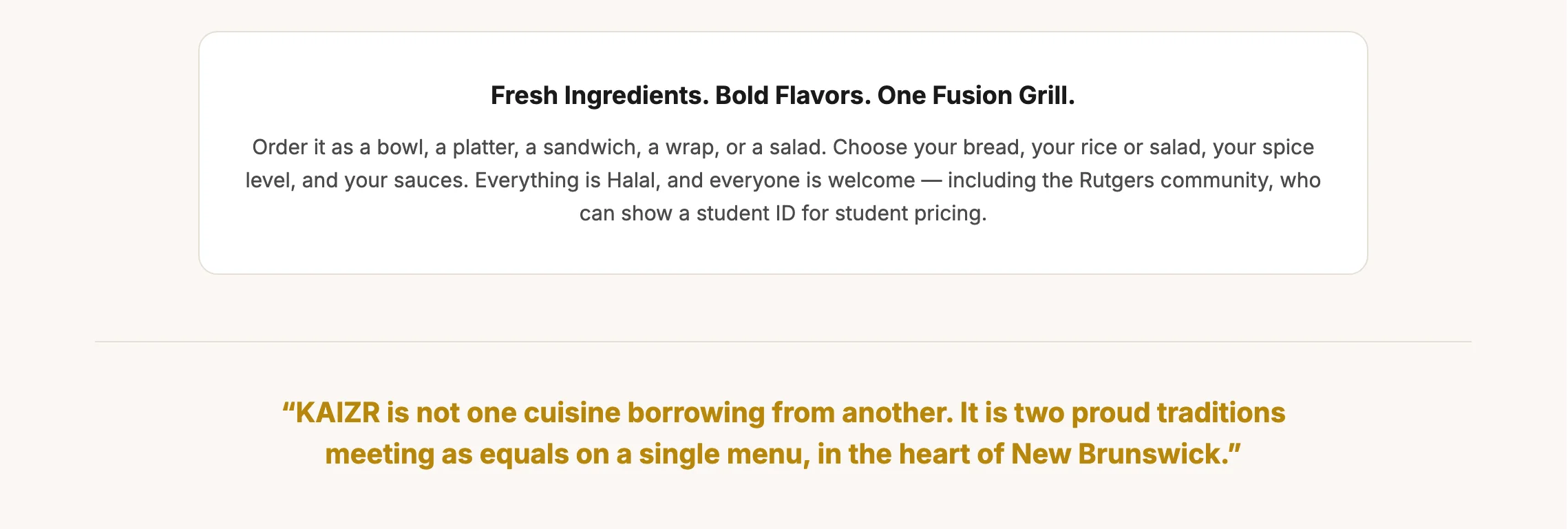 Fusion grill restaurant with diverse menu options