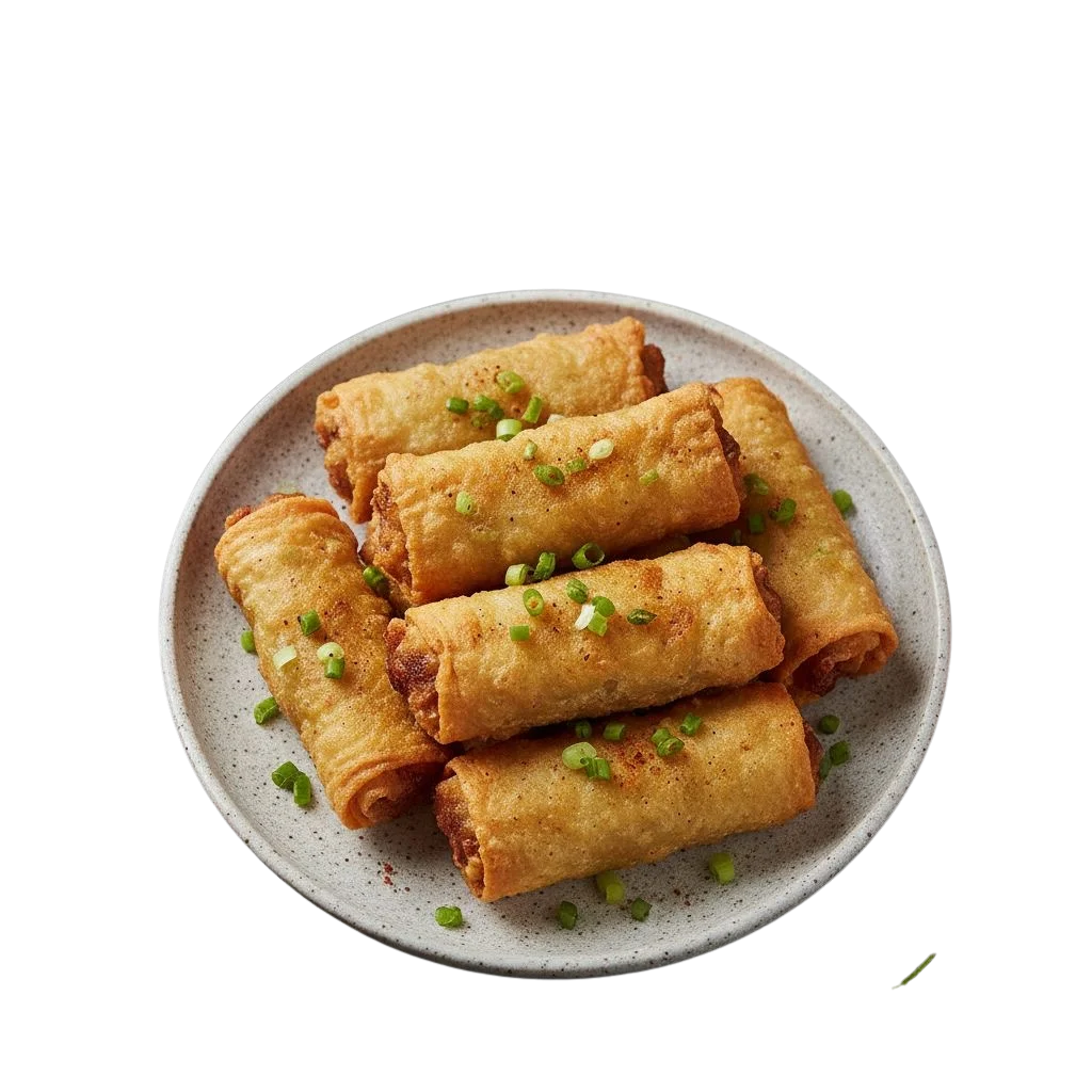 Plate of crispy spring rolls garnished with green onions.